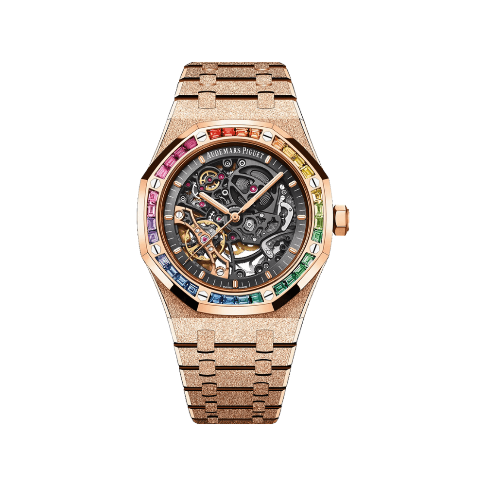 Audemars Piguet Royal Oak 15412OR.YG.1224OR.01-B Double Balance Wheel Frosted Rose Gold Openworked Dial Rainbow Bezel