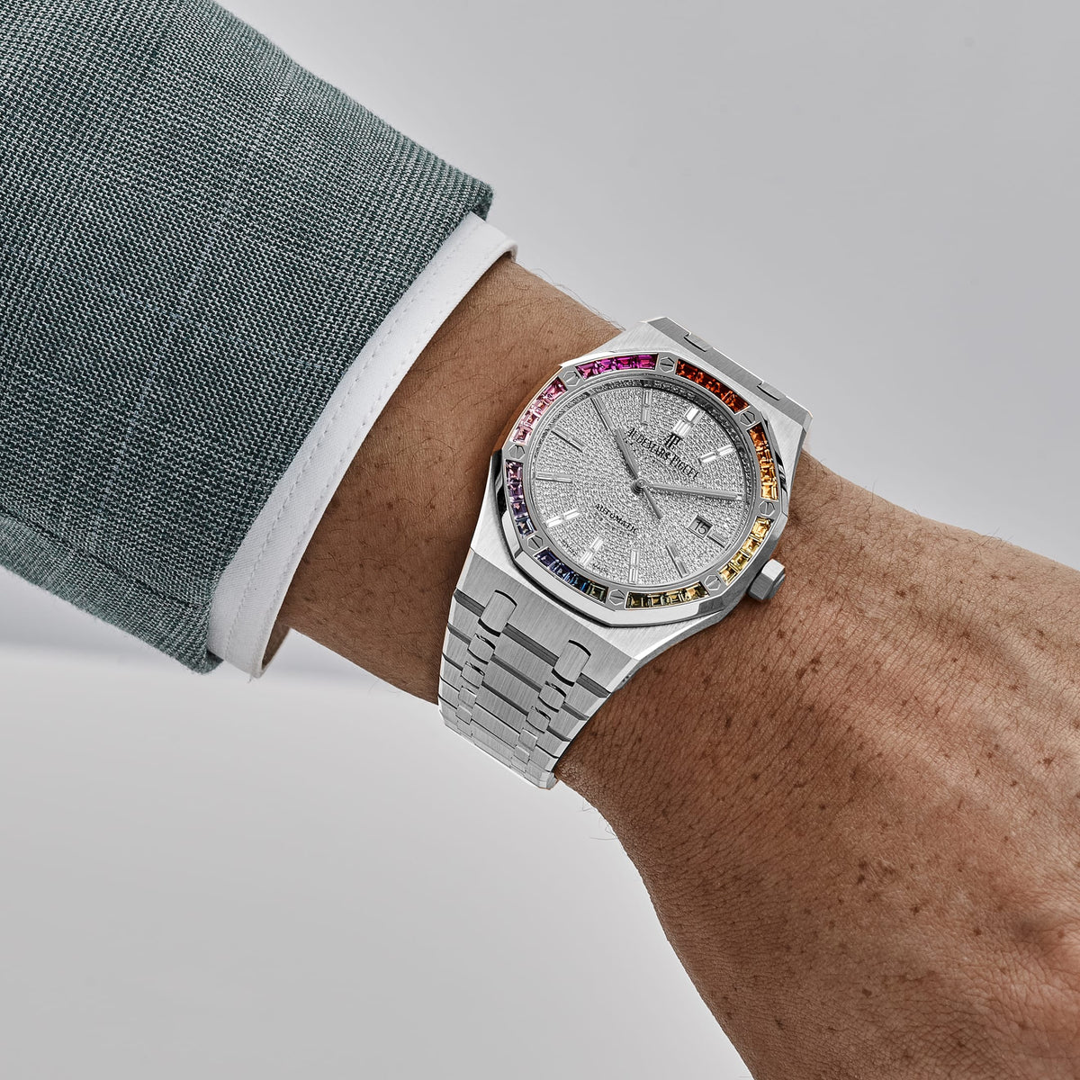 Audemars Piguet Royal Oak 15413BC.YY.1220BC.01 White Gold Rainbow Sapphires Bezel Diamond Dial Limited Edition of 10 (2022)
