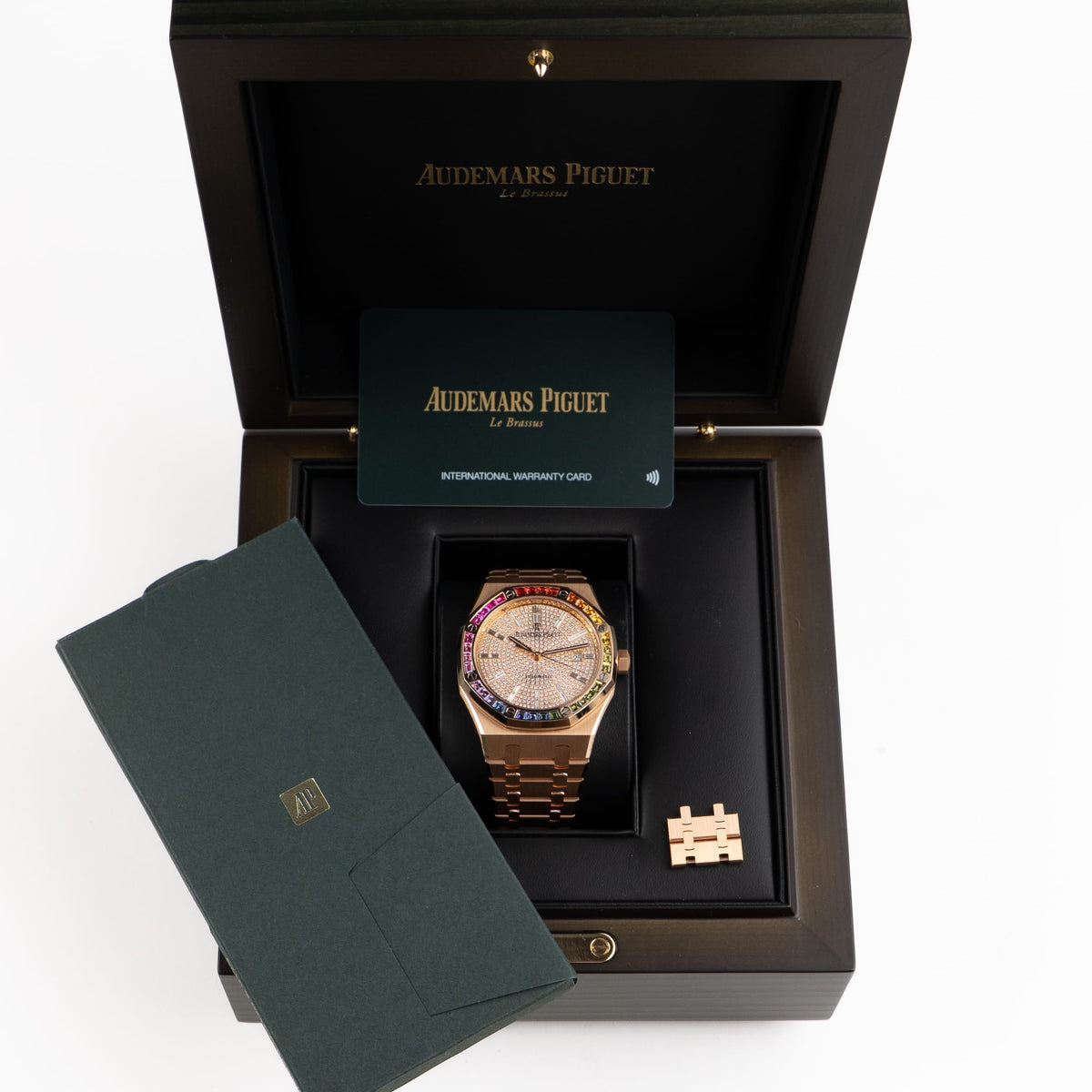 Audemars Piguet Royal Oak 15413OR.YY.1220OR.01 Rose Gold Rainbow Sapphires Bezel Diamond Dial (2021)