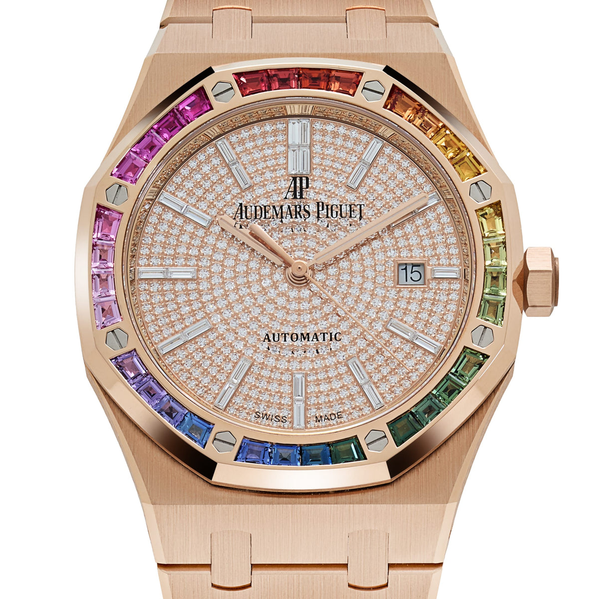 Audemars Piguet Royal Oak 15413OR.YY.1220OR.01 Rose Gold Rainbow Sapphires Bezel Diamond Dial (2021)