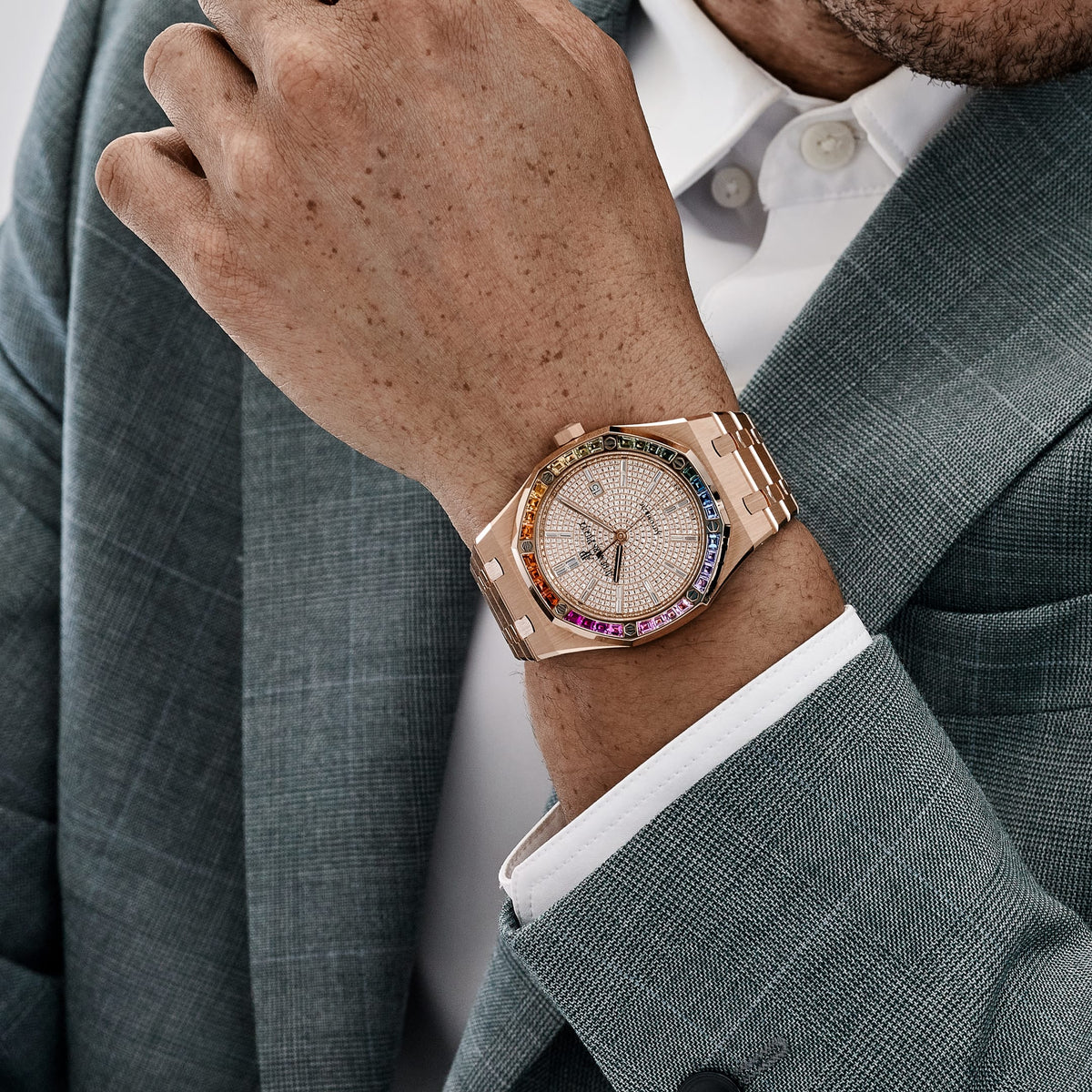Audemars Piguet Royal Oak 15413OR.YY.1220OR.01 Rose Gold Rainbow Sapphires Bezel Diamond Dial (2021)