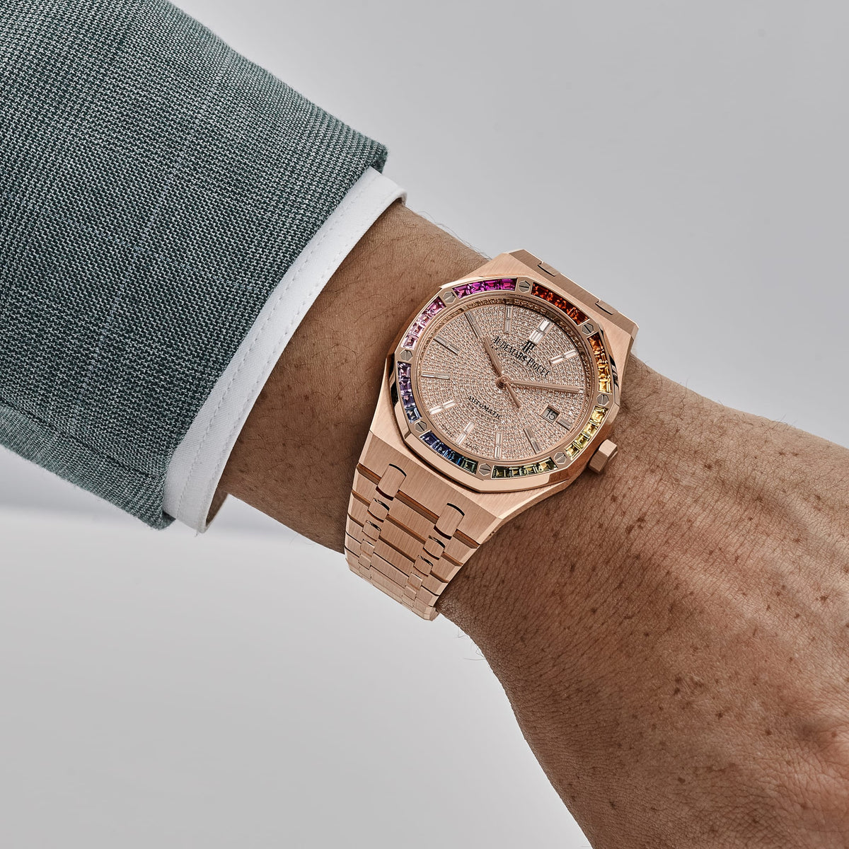 Audemars Piguet Royal Oak 15413OR.YY.1220OR.01 Rose Gold Rainbow Sapphires Bezel Diamond Dial (2021)