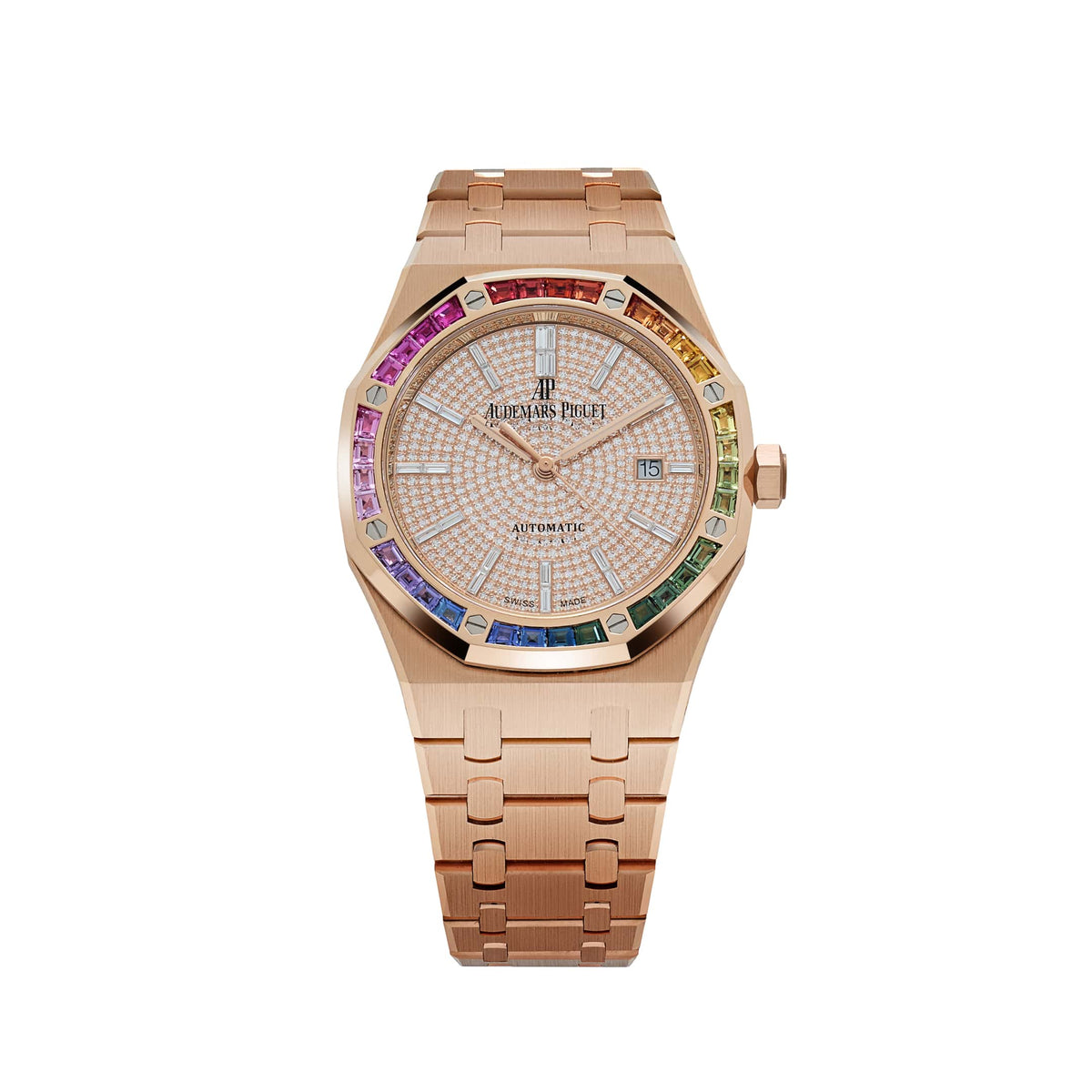 Audemars Piguet Royal Oak 15413OR.YY.1220OR.01 Rose Gold Rainbow Sapphires Bezel Diamond Dial (2021)