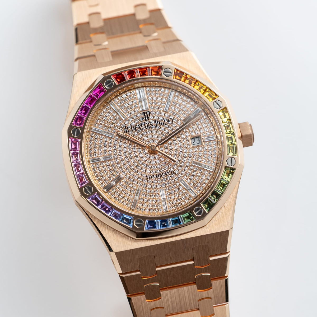 Audemars Piguet Royal Oak 15413OR.YY.1220OR.01 Rose Gold Rainbow Sapphires Bezel Diamond Dial (2021)