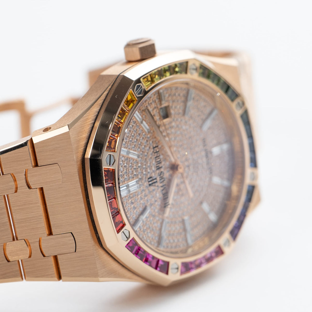 Audemars Piguet Royal Oak 15413OR.YY.1220OR.01 Rose Gold Rainbow Sapphires Bezel Diamond Dial (2021)