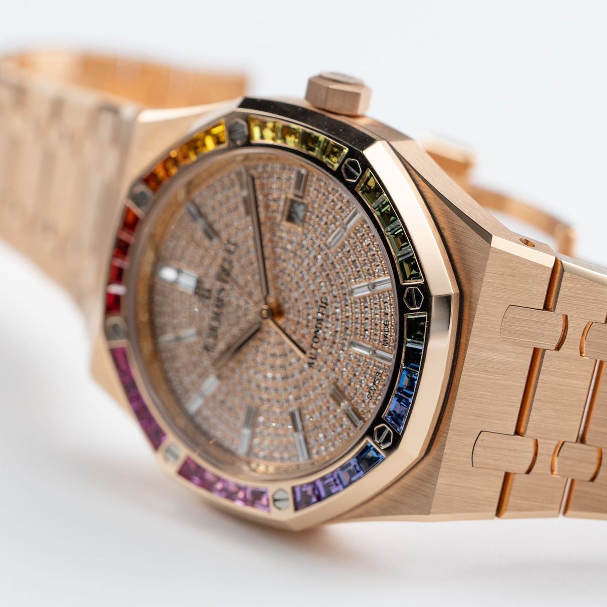 Audemars Piguet Royal Oak 15413OR.YY.1220OR.01 Rose Gold Rainbow Sapphires Bezel Diamond Dial (2021)