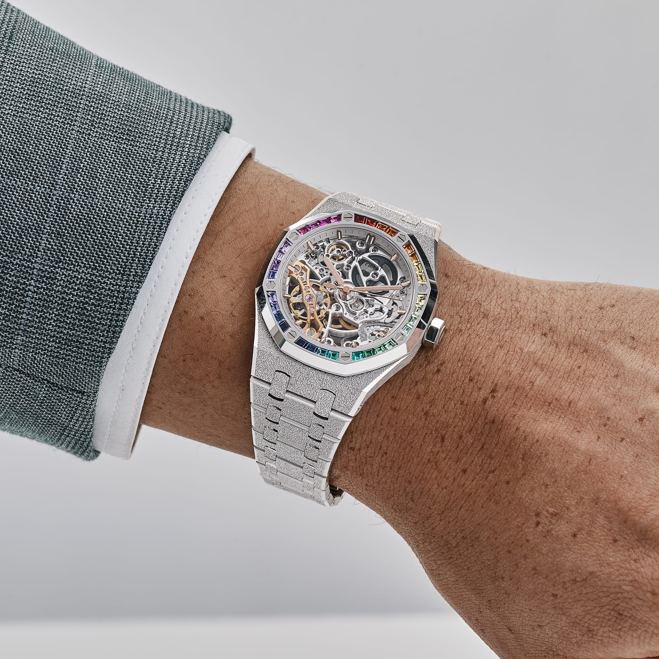 Audemars Piguet Royal Oak 15468BC.YG.1259BC.01-B Double Balance Wheel Frosted White Gold Rainbow Sapphires Bezel Openworked Dial (2021)