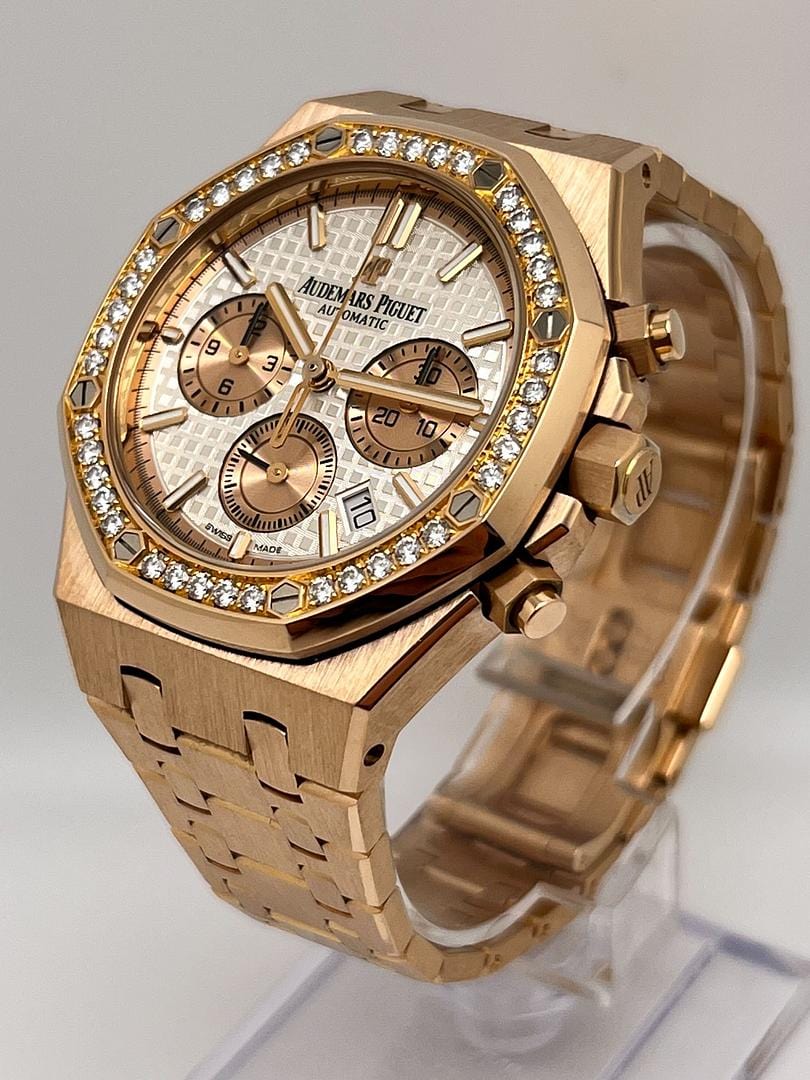 Audemars Piguet Royal Oak 26315OR.ZZ.1256OR.01 Chronograph Rose Gold Silver Dial Diamond Bezel