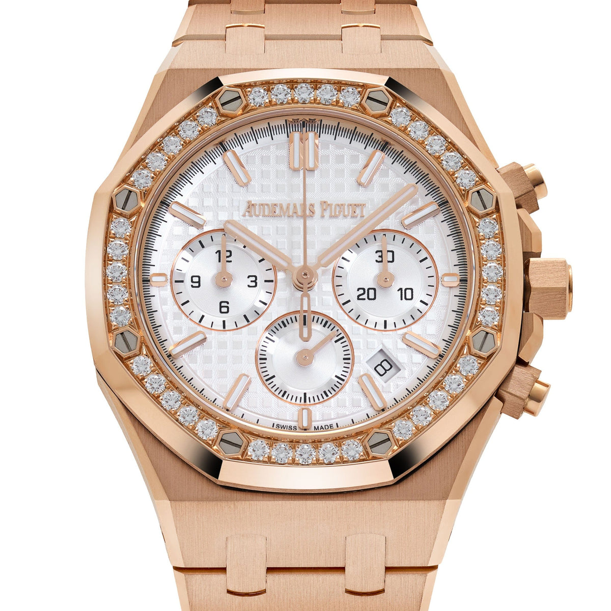 Audemars Piguet Royal Oak 26715OR.ZZ.1356OR.01 Chronograph Rose Gold Silver Dial Diamond Bezel