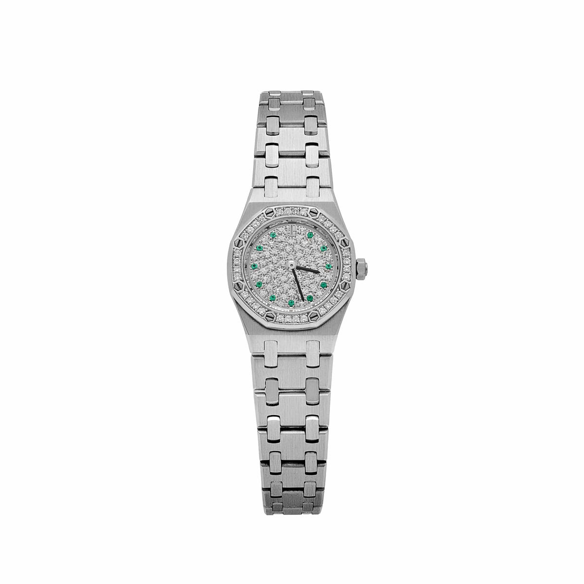Audemars Piguet Royal Oak 67076BC.Z.1100BC.01 'Ladies' White Gold Diamond Emerald Dial Diamond Bezel Quartz
