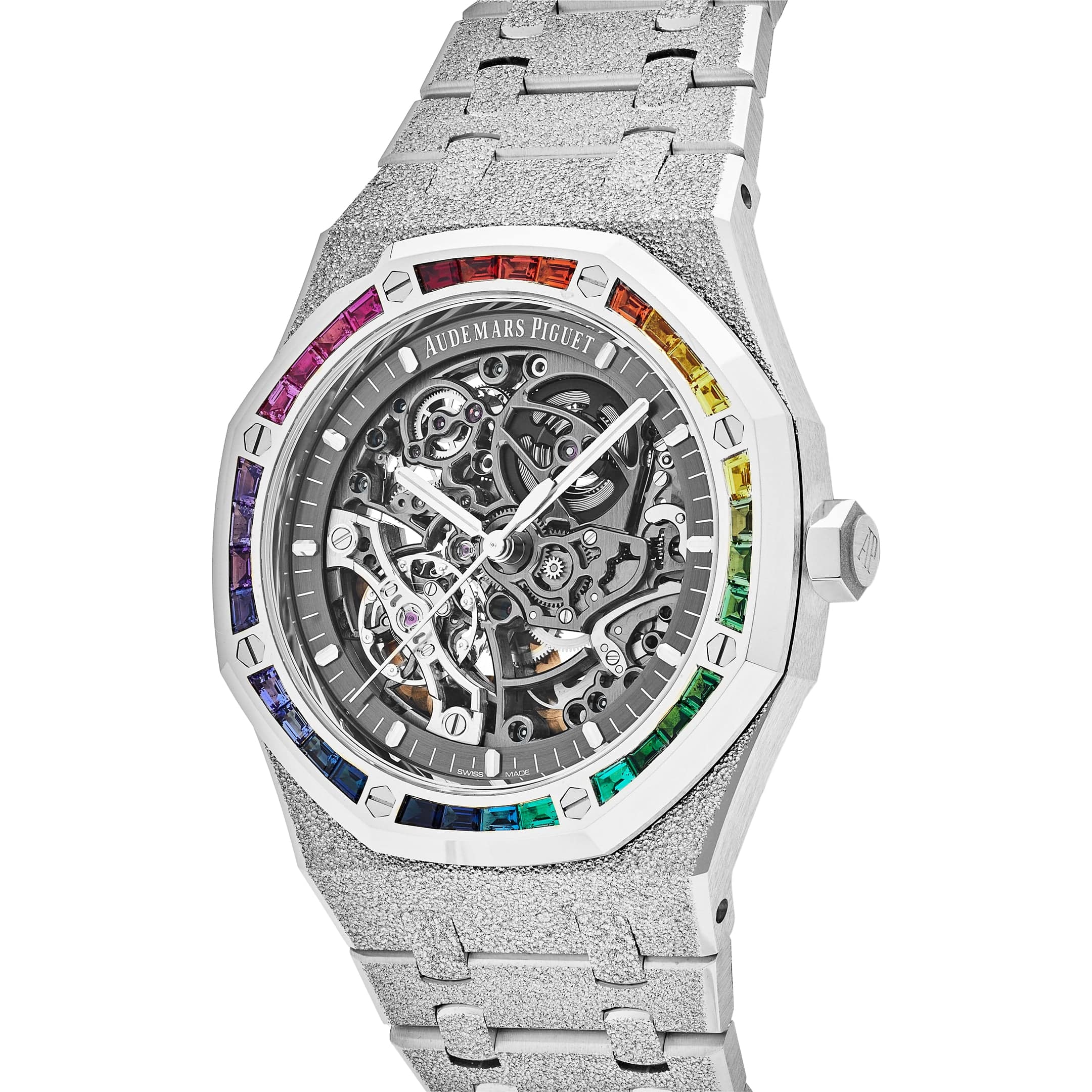 Audemars Piguet Royal Oak 15412BC.YG.1224BC.03 Double Balance Wheel Rainbow Bezel Frosted White Gold
