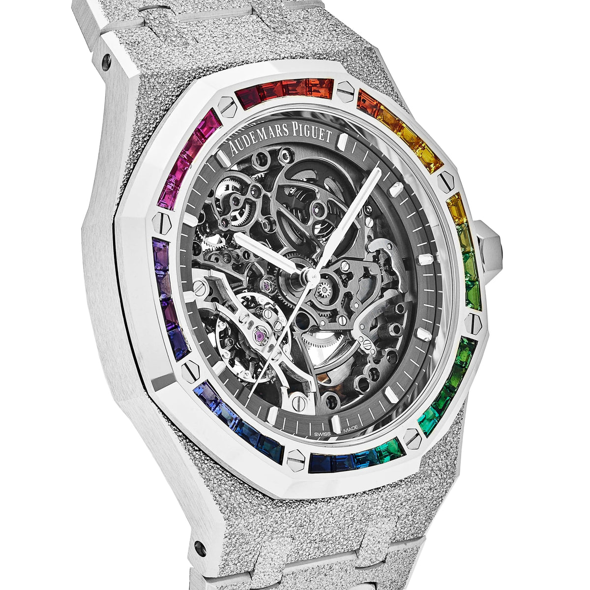 Audemars Piguet Royal Oak 15412BC.YG.1224BC.03 Double Balance Wheel Rainbow Bezel Frosted White Gold