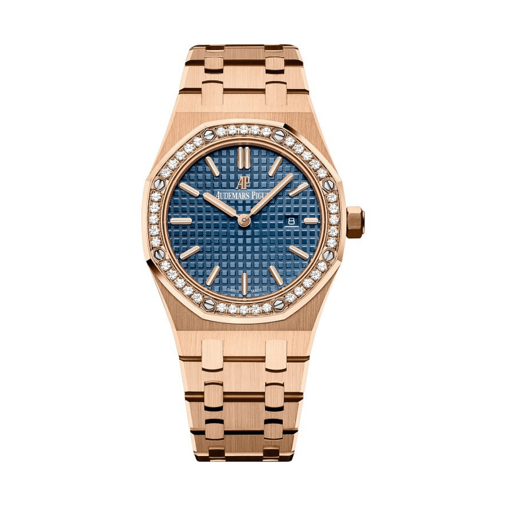 Audemars Piguet Royal Oak Quartz 67651OR.ZZ.1261OR.02 'Ladies' Rose Gold Blue Dial Diamond Bezel