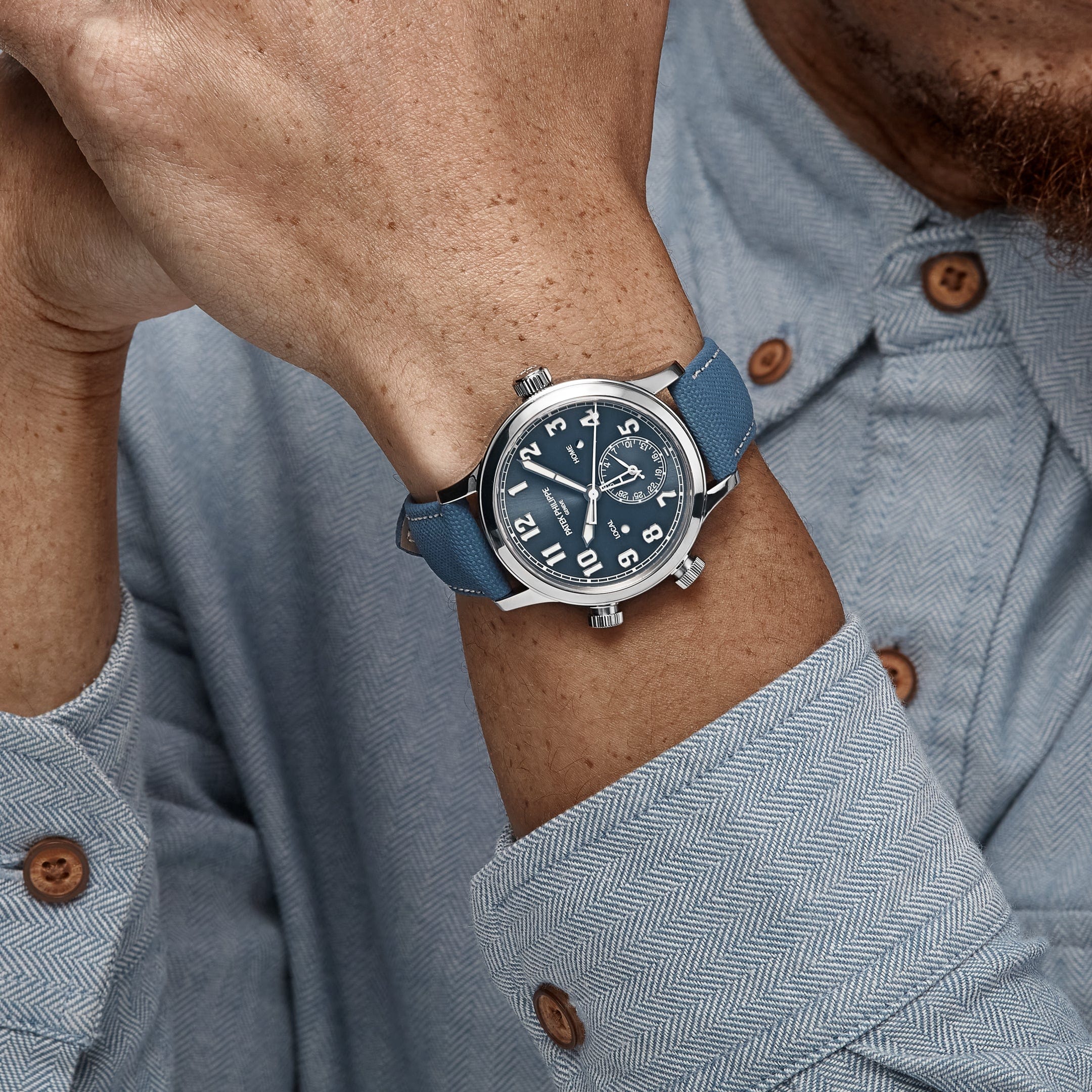Patek Philippe Calatrava 7234A-001 'Pilot' Travel Time Stainless Steel Blue-Grey Dial Singapore Edition (2019)