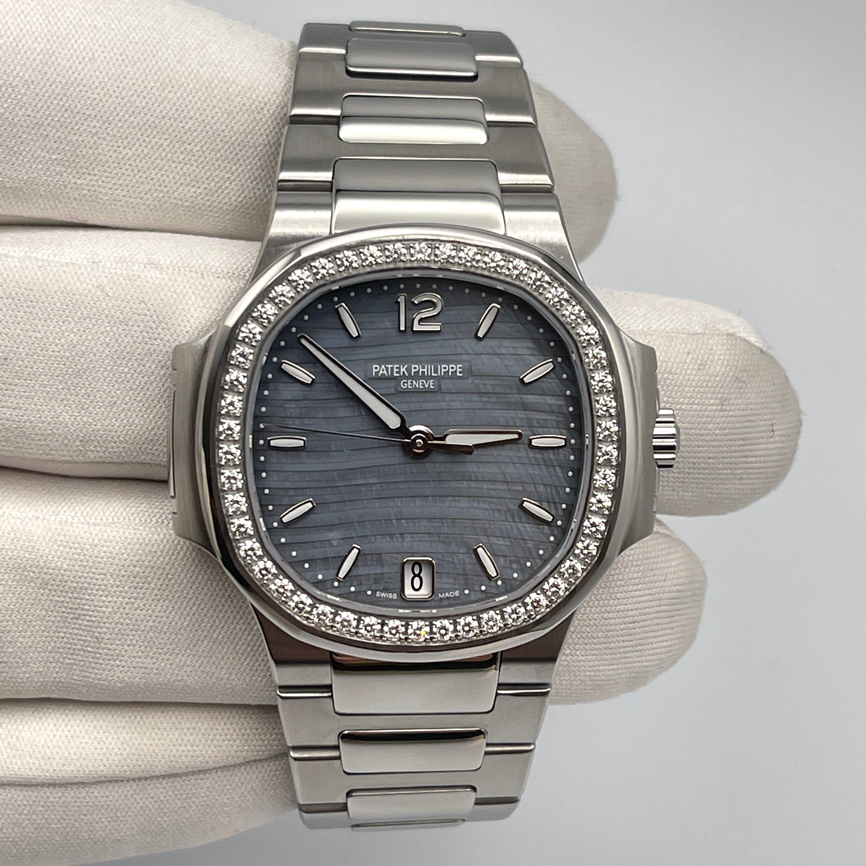 Patek Philippe Nautilus 7018/1A-010 'Ladies' Stainless Steel Blue Mother Of Pearl Dial Diamond Bezel