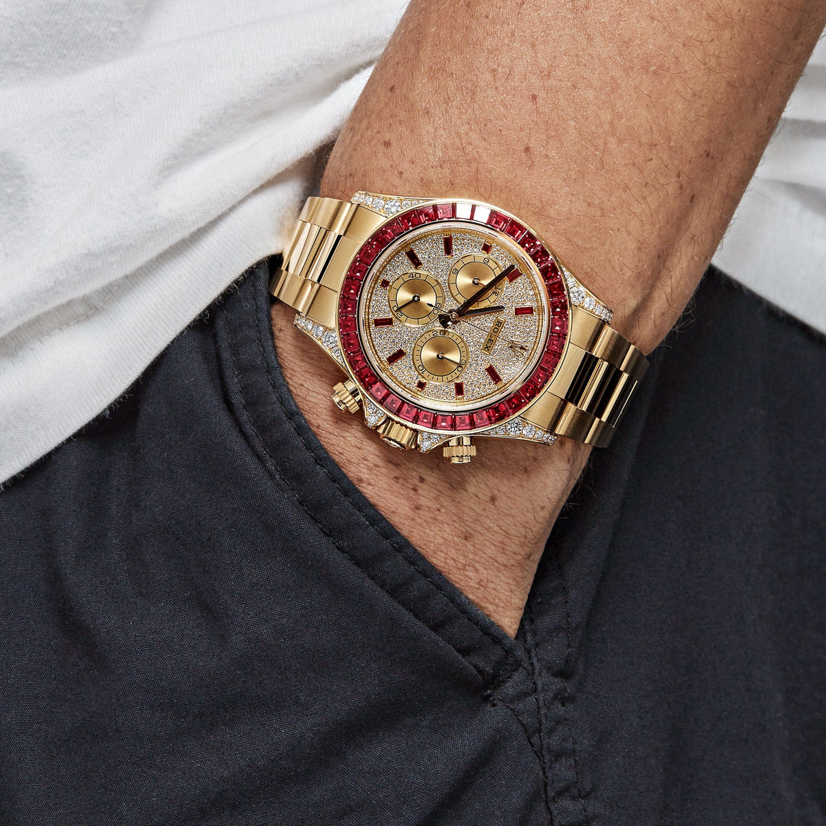 Rolex Daytona 126598TRU Yellow Gold Ruby Bezel Diamond Pave Dial