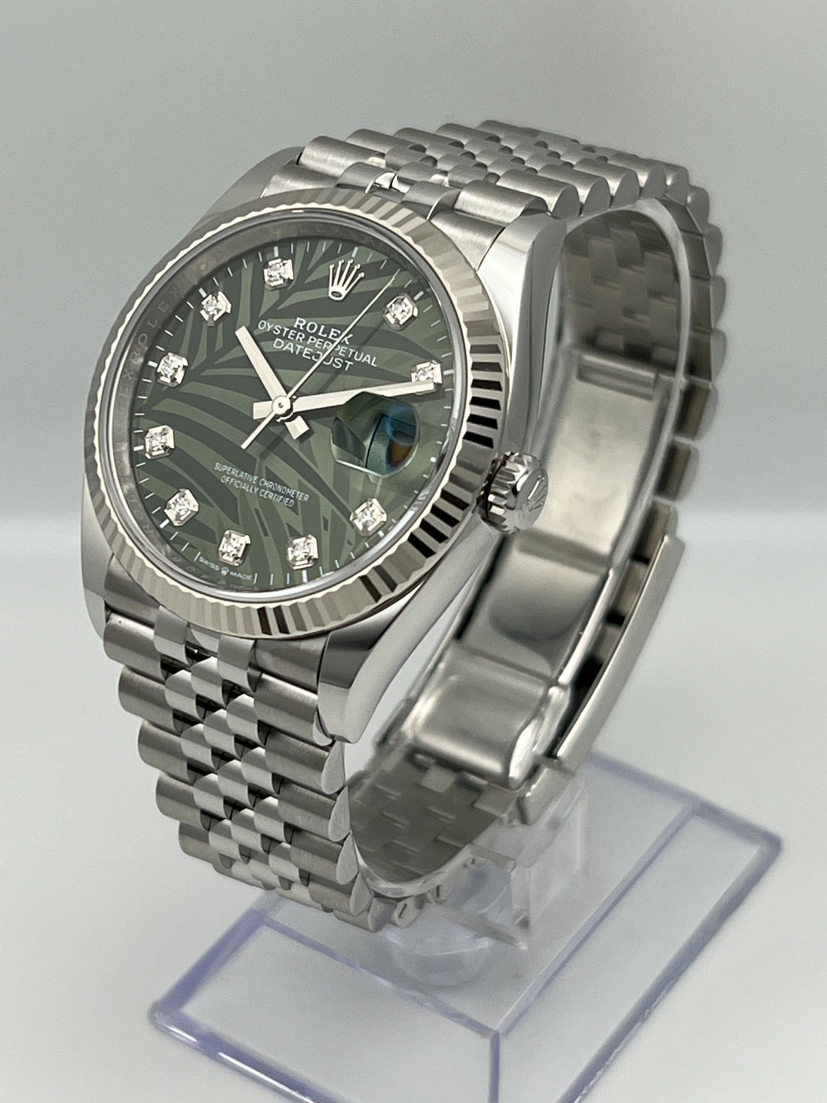 Rolex Datejust 36 126234 White Gold Stainless Steel Palm Motif Diamond Dial Jubilee