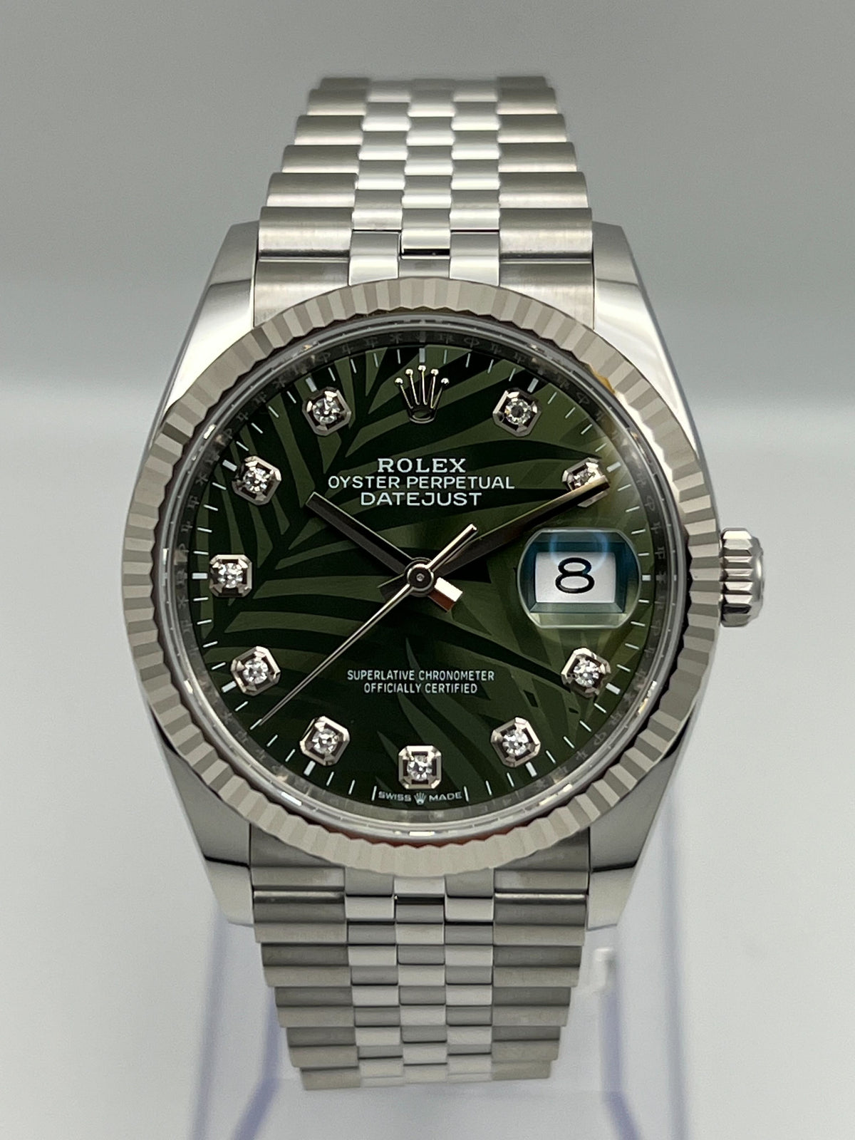 Rolex Datejust 36 126234 White Gold Stainless Steel Palm Motif Diamond Dial Jubilee