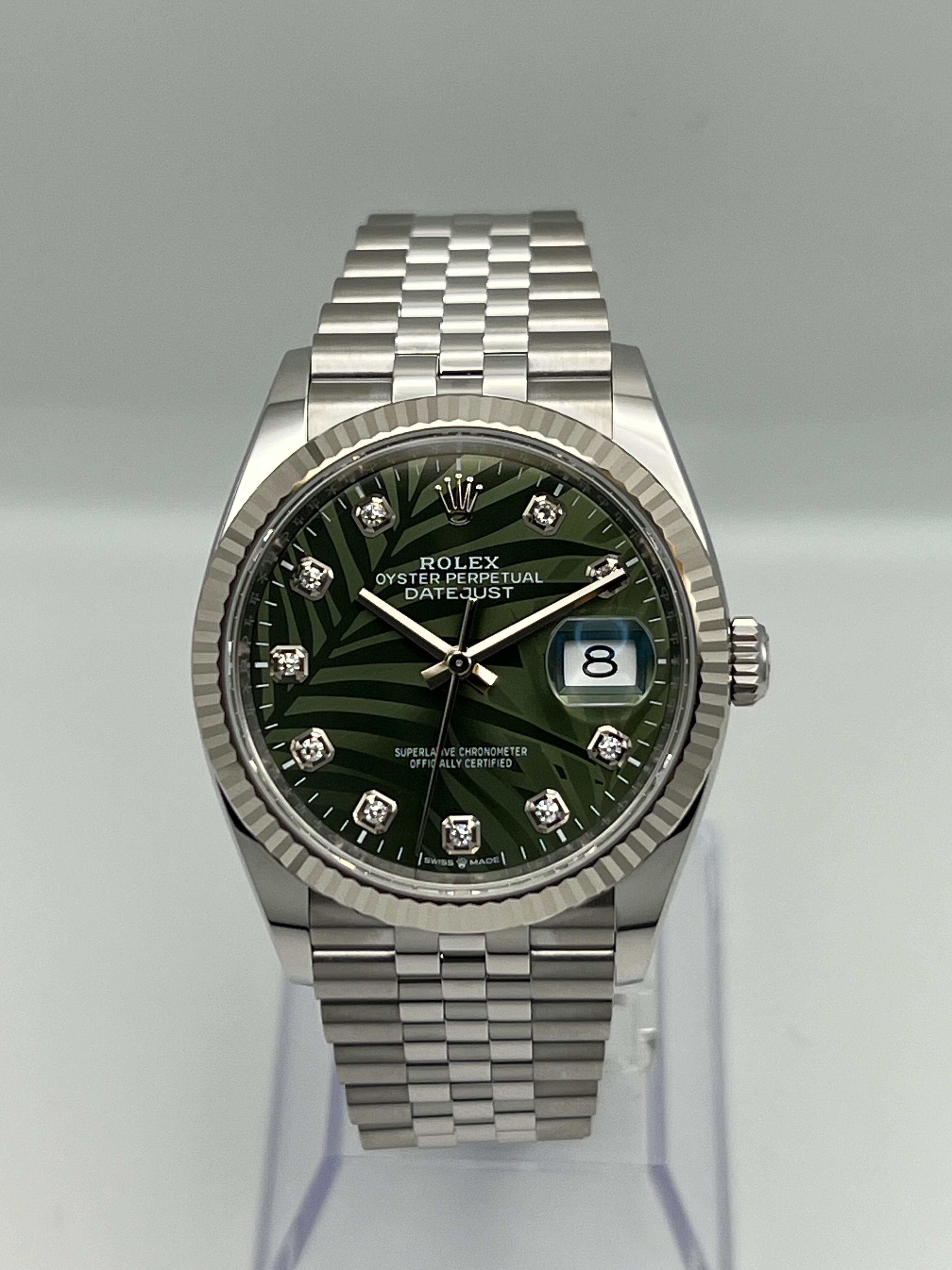 Rolex Datejust 36 126234 White Gold Stainless Steel Palm Motif Diamond Dial Jubilee