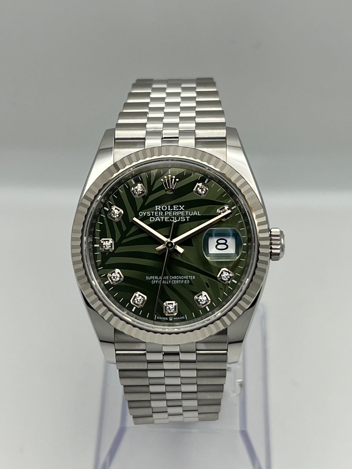 Rolex Datejust 36 126234 White Gold Stainless Steel Palm Motif Diamond Dial Jubilee