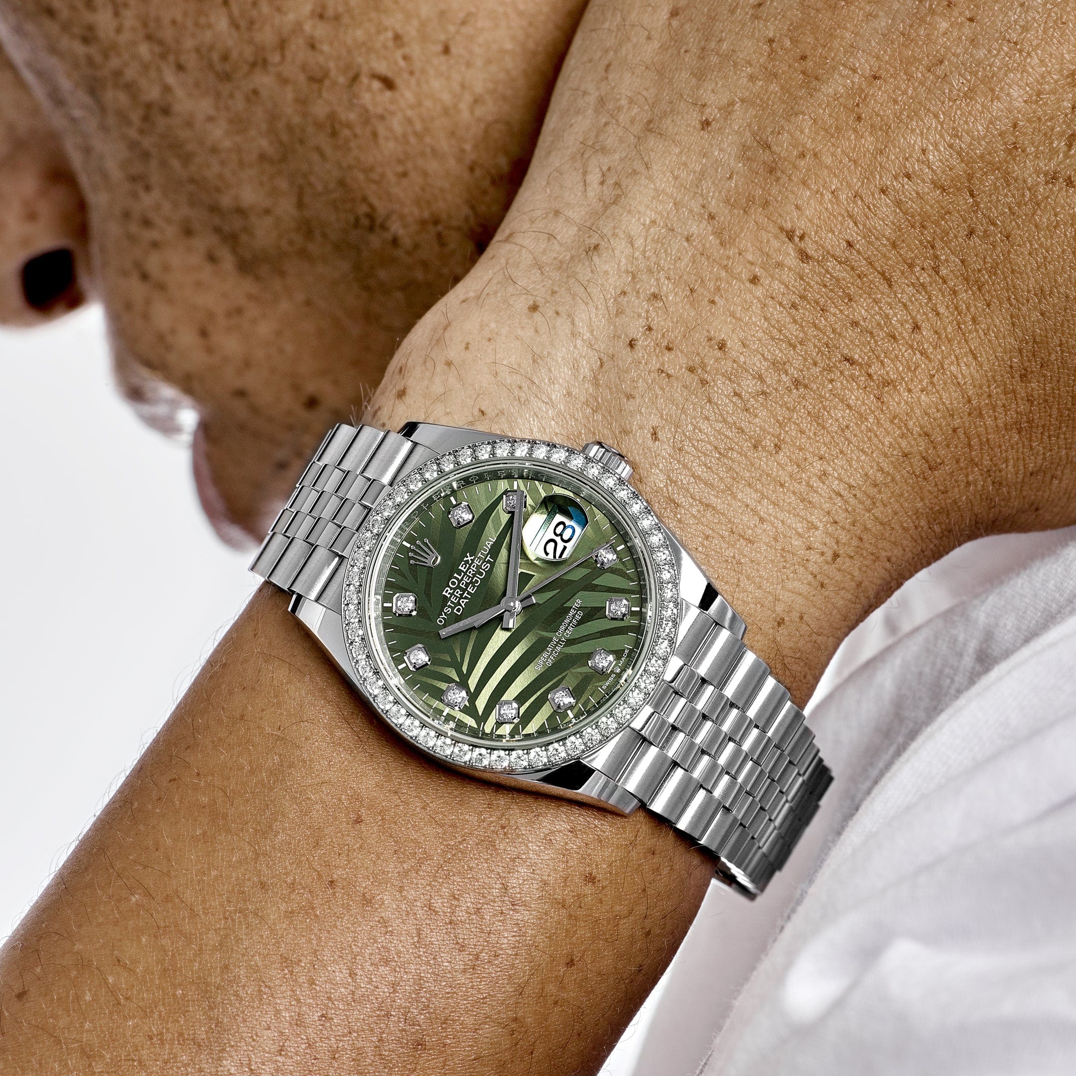 Rolex Datejust 36 126284RBR Stainless Steel Green Palm Frond Diamond Dial Diamond Bezel