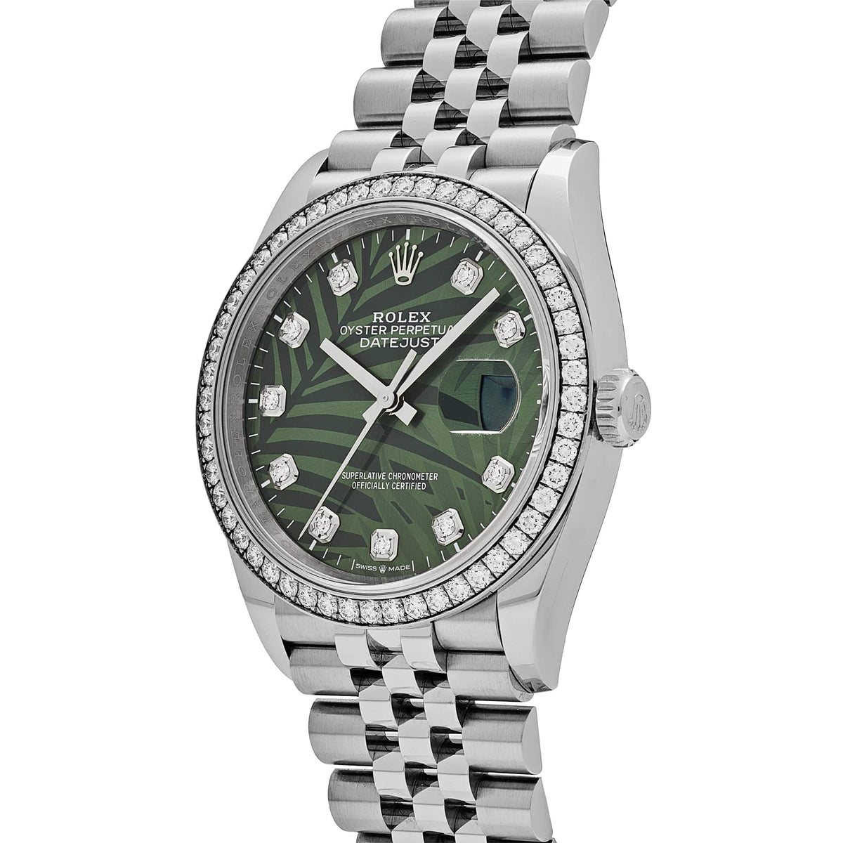 Rolex Datejust 36 126284RBR Stainless Steel Green Palm Frond Diamond Dial Diamond Bezel