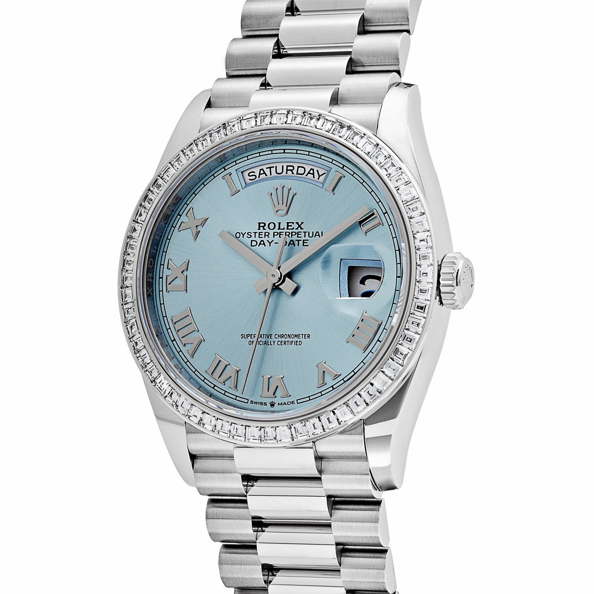 Rolex Day-Date 36 128396TBR Platinum Ice Blue Dial Diamond Bezel (2024)