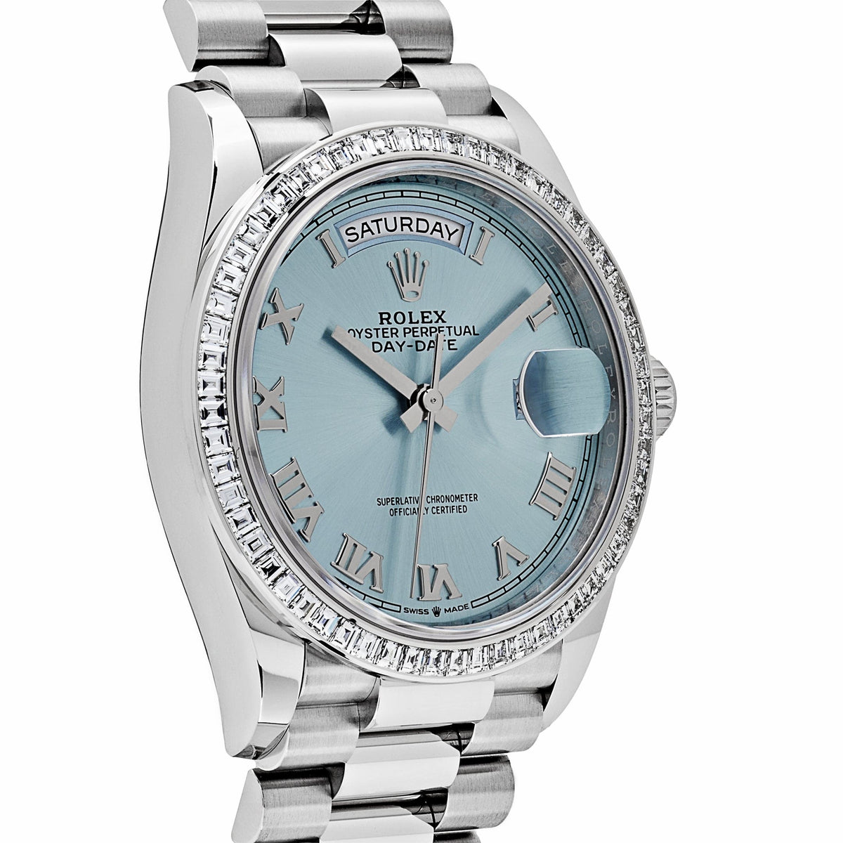 Rolex Day-Date 36 128396TBR Platinum Ice Blue Dial Diamond Bezel (2024)