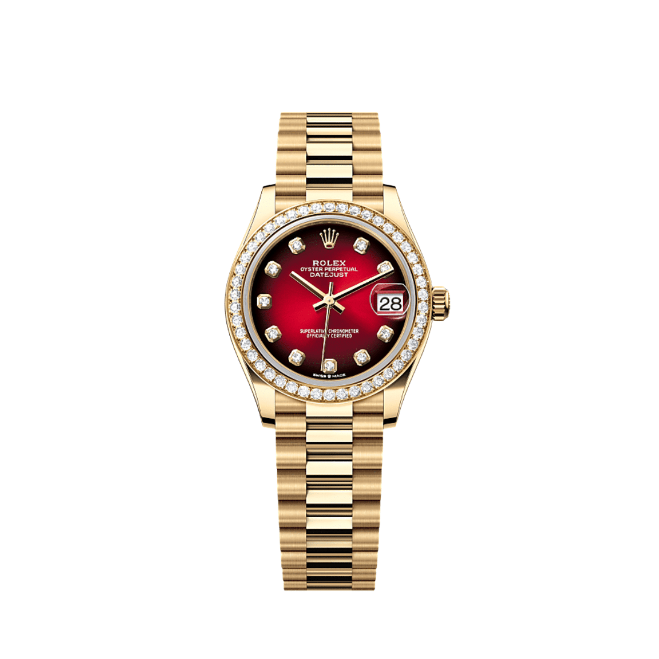 Rolex Datejust 31 278288RBR 'Ladies' Yellow Gold Red Ombre Dial Diamond Bezel (2025)