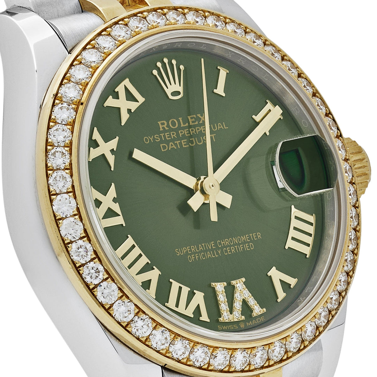 Rolex Datejust 31 278383RBR 'Ladies' Yellow Gold Stainless Steel Green Roman Dial Diamond Bezel