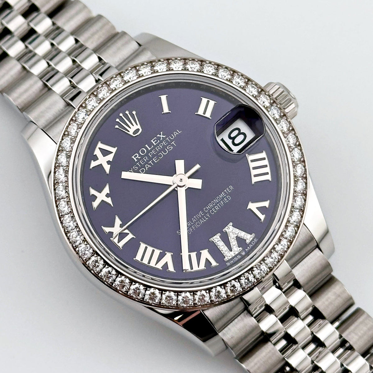 Rolex Datejust 31 278384RBR 'Ladies' Stainless Steel Diamond Bezel Violet Roman Dial Jubilee