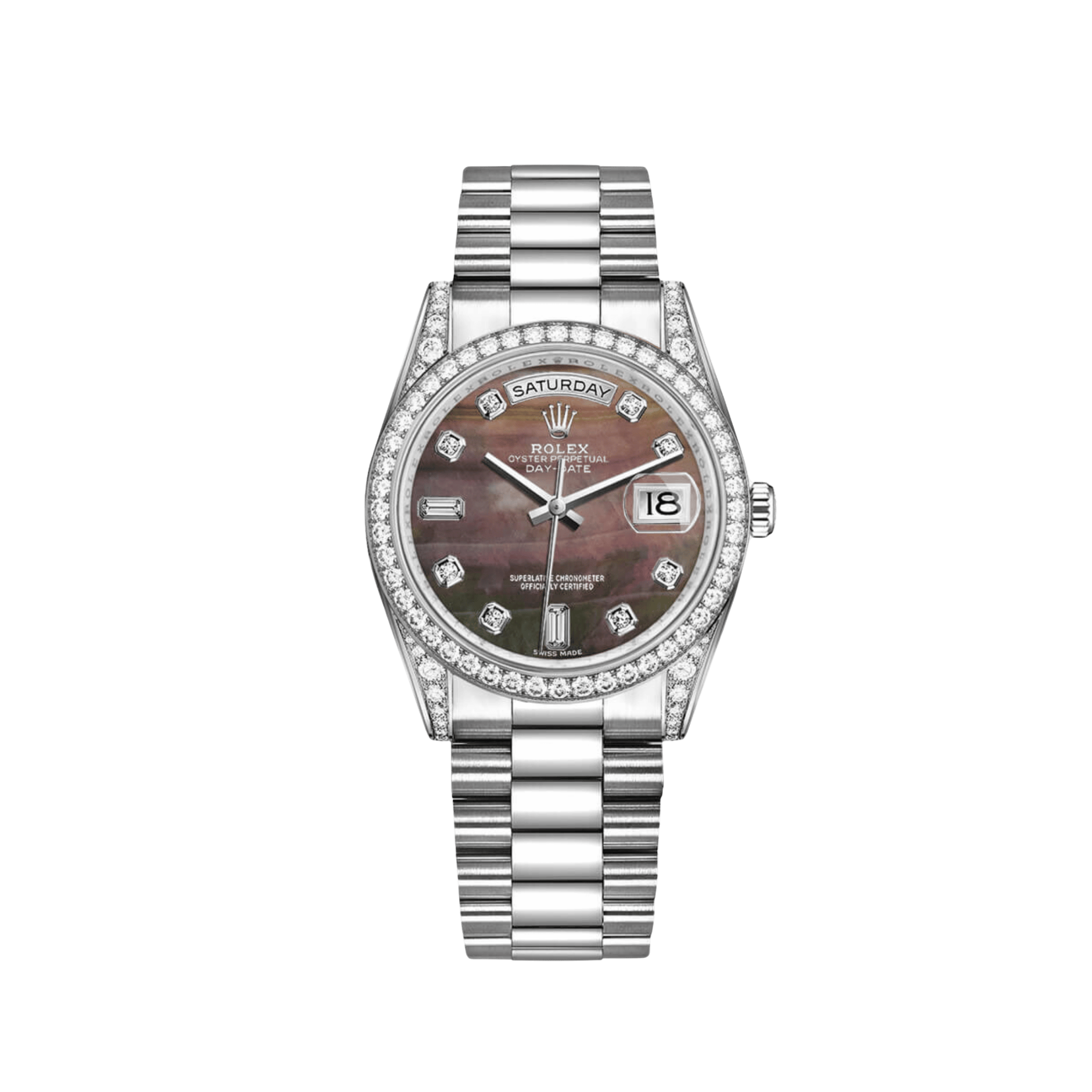 Rolex Day-Date 118389 White Gold Tahitian Mother of Pearl Diamond Dial Diamond Bezel
