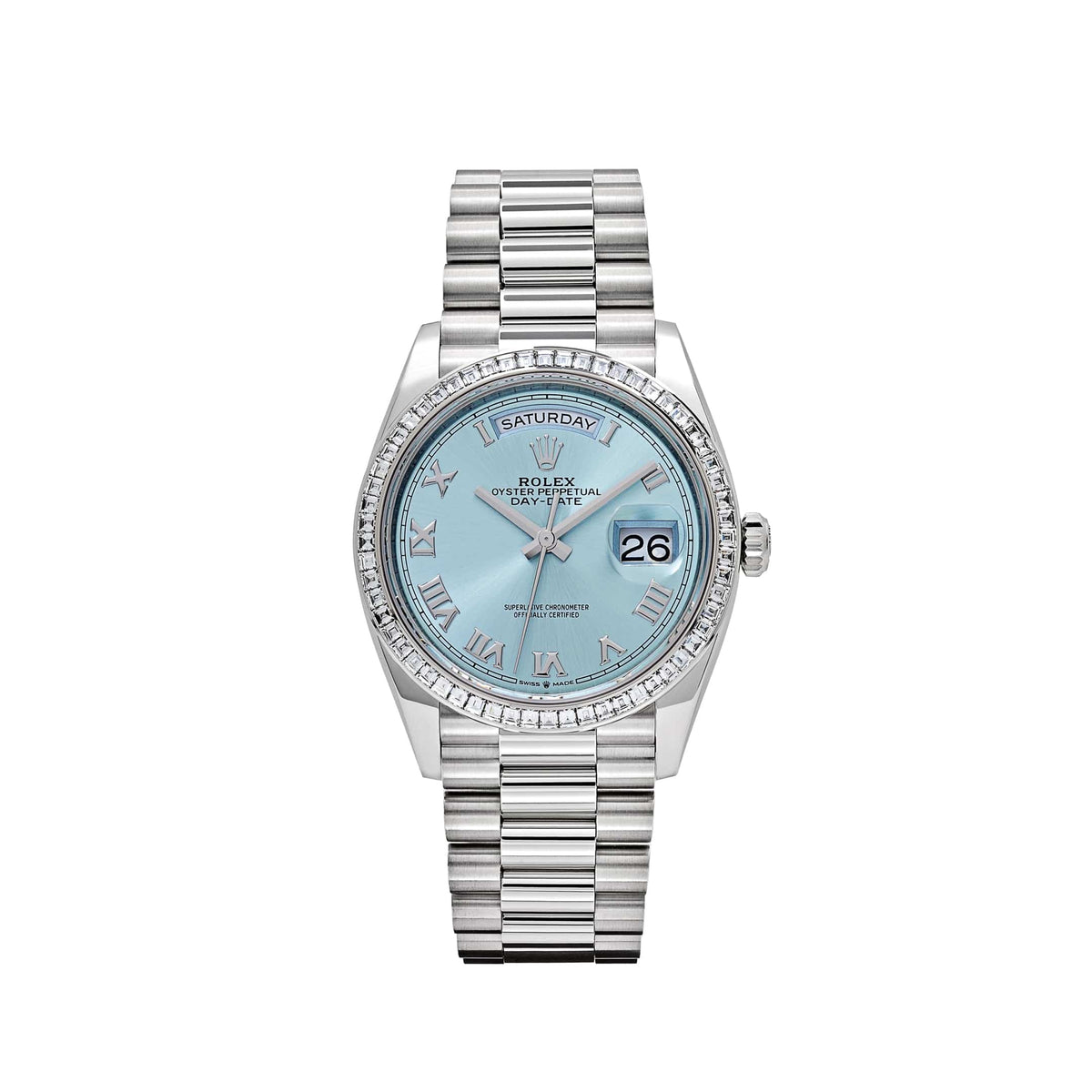 Rolex Day-Date 36 128396TBR Platinum Ice Blue Dial Diamond Bezel (2024)