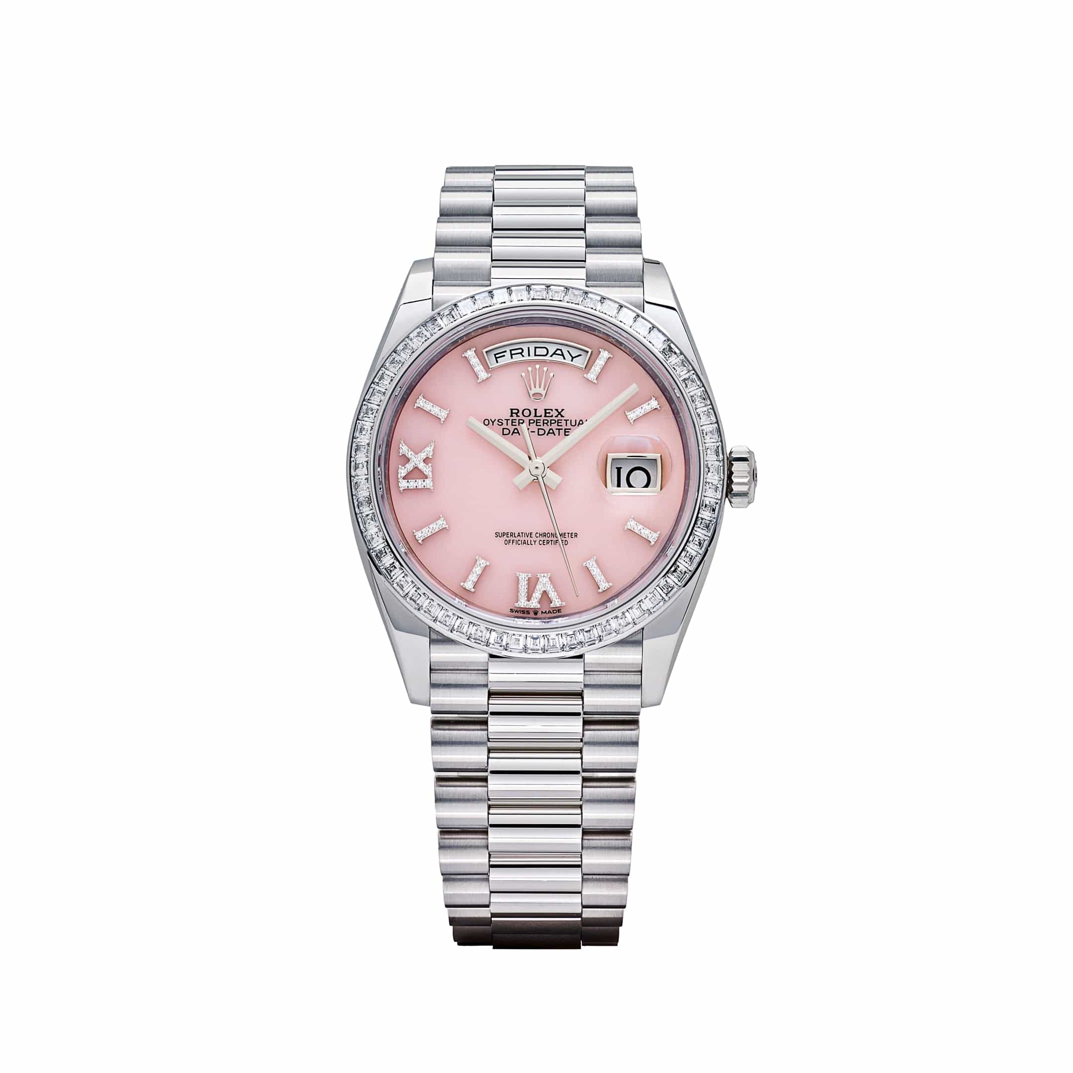 Rolex Day-Date 36 128396TBR Platinum Pink Opal Diamond Roman Numerals Dial Diamond Bezel