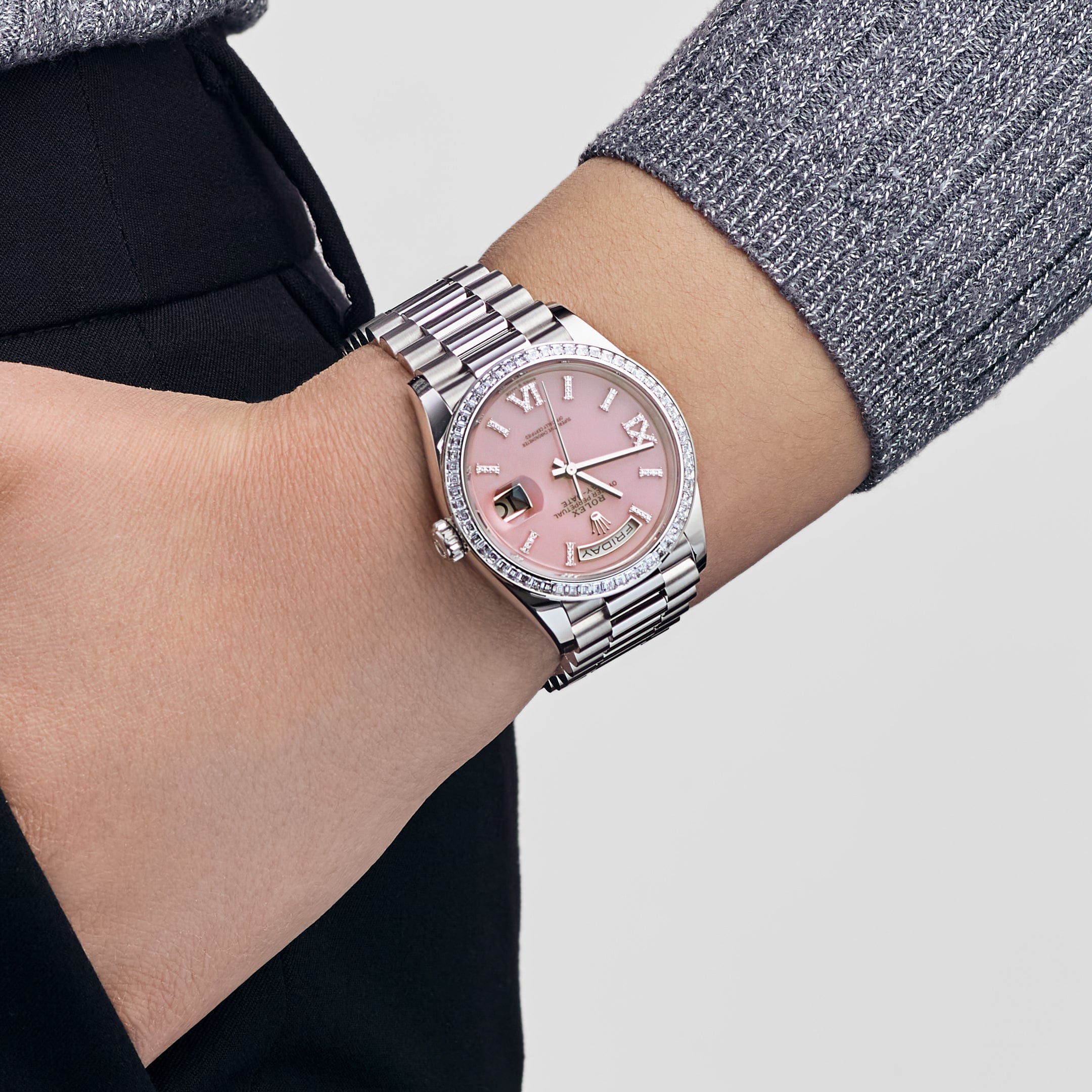 Rolex Day-Date 36 128396TBR Platinum Pink Opal Diamond Roman Numerals Dial Diamond Bezel