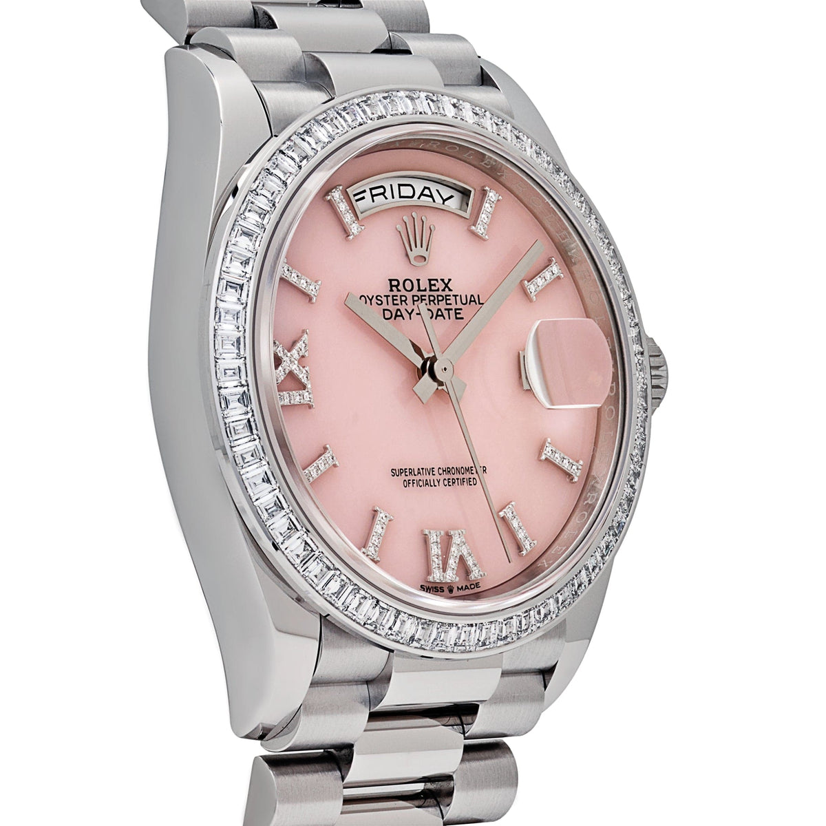 Rolex Day-Date 36 128396TBR Platinum Pink Opal Diamond Roman Numerals Dial Diamond Bezel