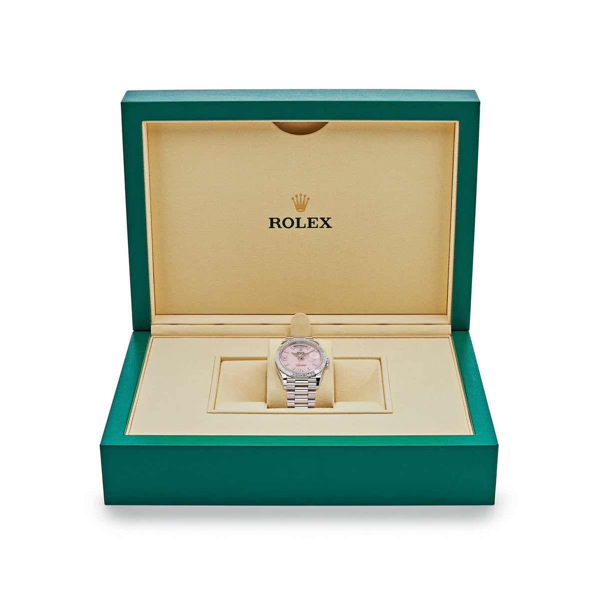 Rolex Day-Date 36 128396TBR Platinum Pink Opal Diamond Roman Numerals Dial Diamond Bezel