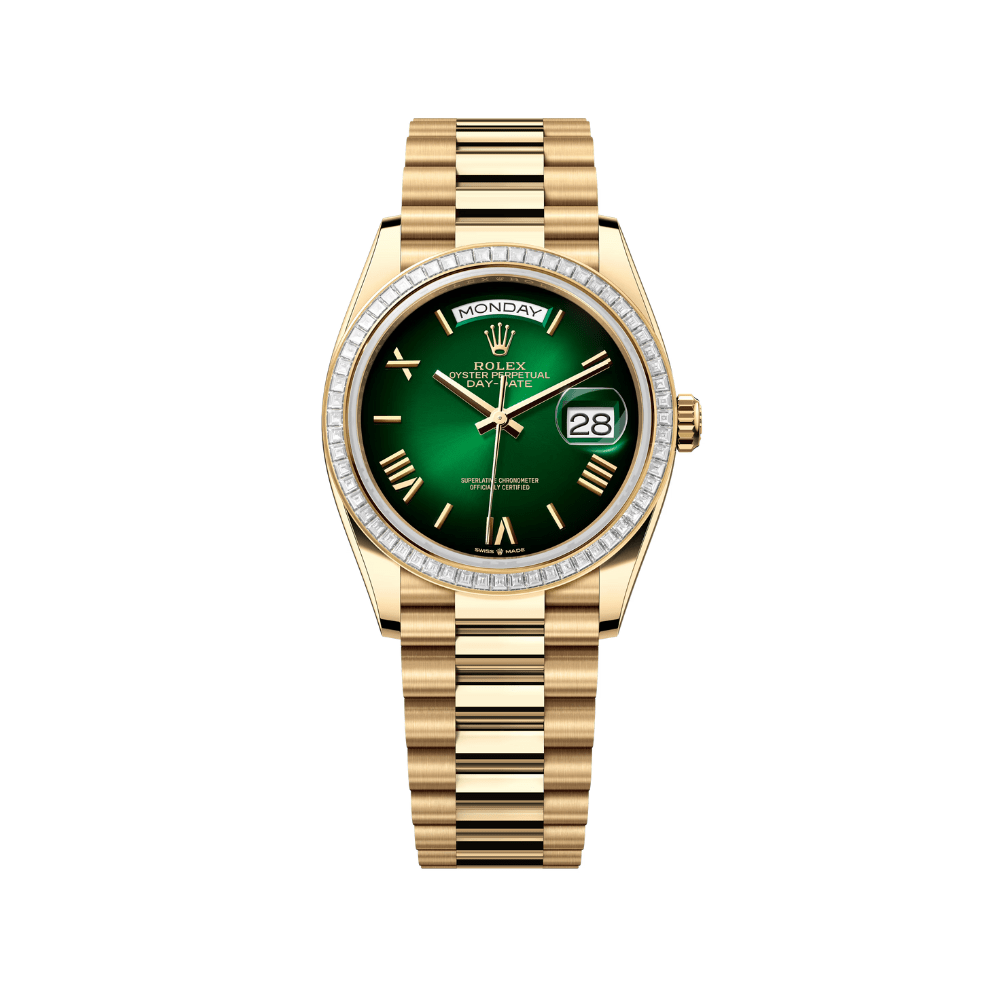 Rolex Day-Date 36 128398TBR Yellow Gold Green Ombre Roman Numeral Dial Baguette Diamond Bezel