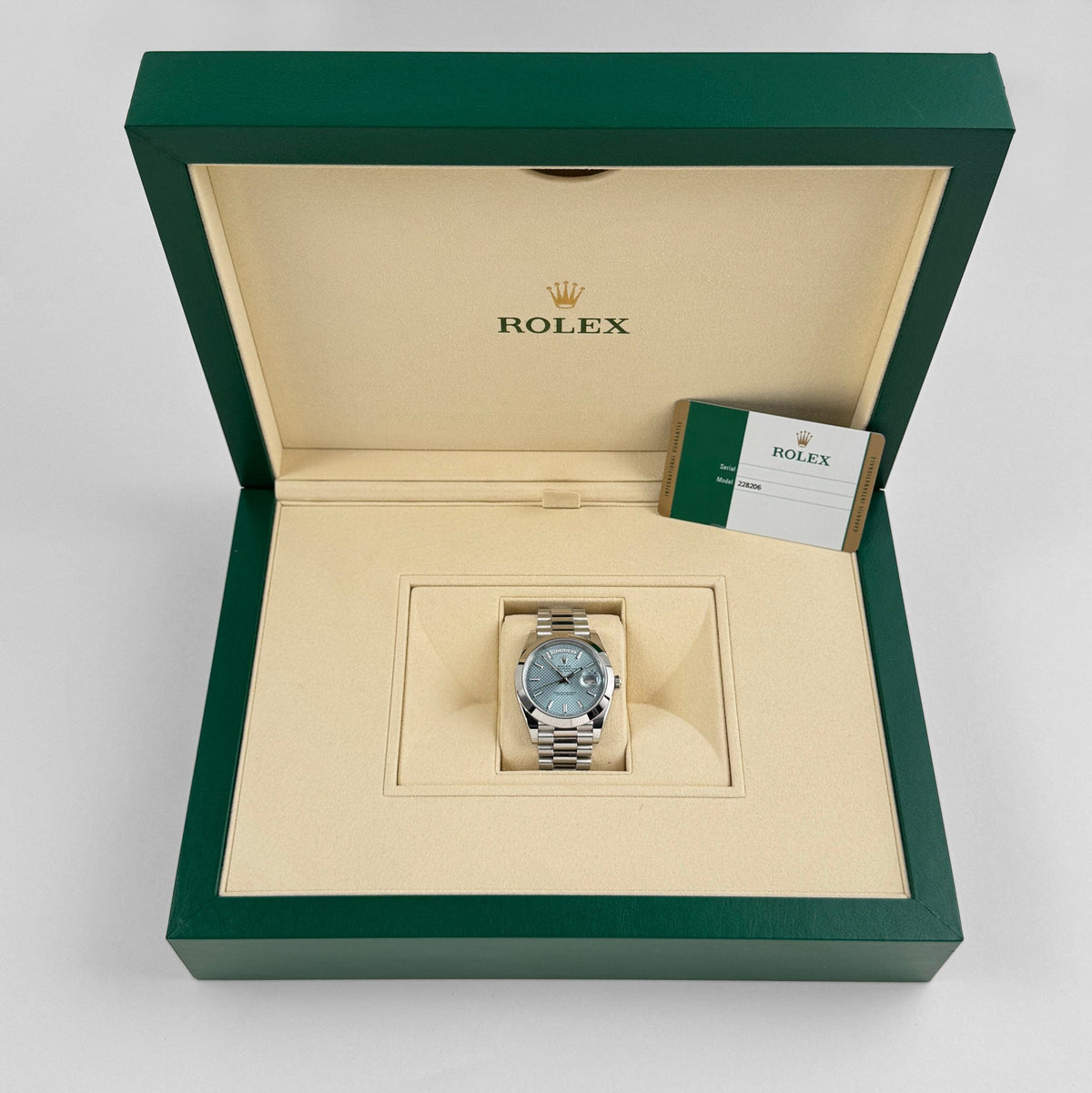 Rolex Day-Date 228206 40 Platinum Ice Blue Diagonal Motif Dial