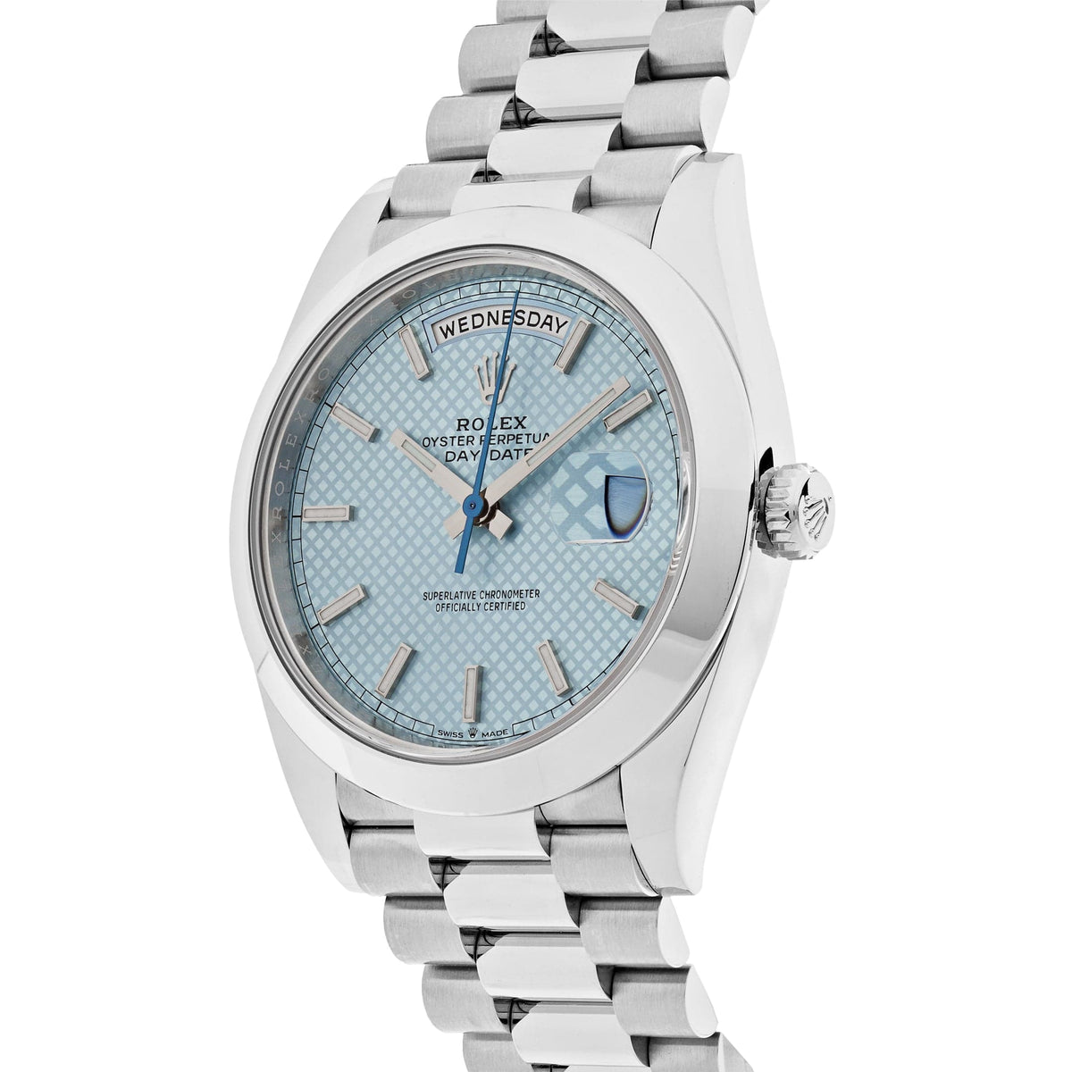 Rolex Day-Date 228206 40 Platinum Ice Blue Diagonal Motif Dial