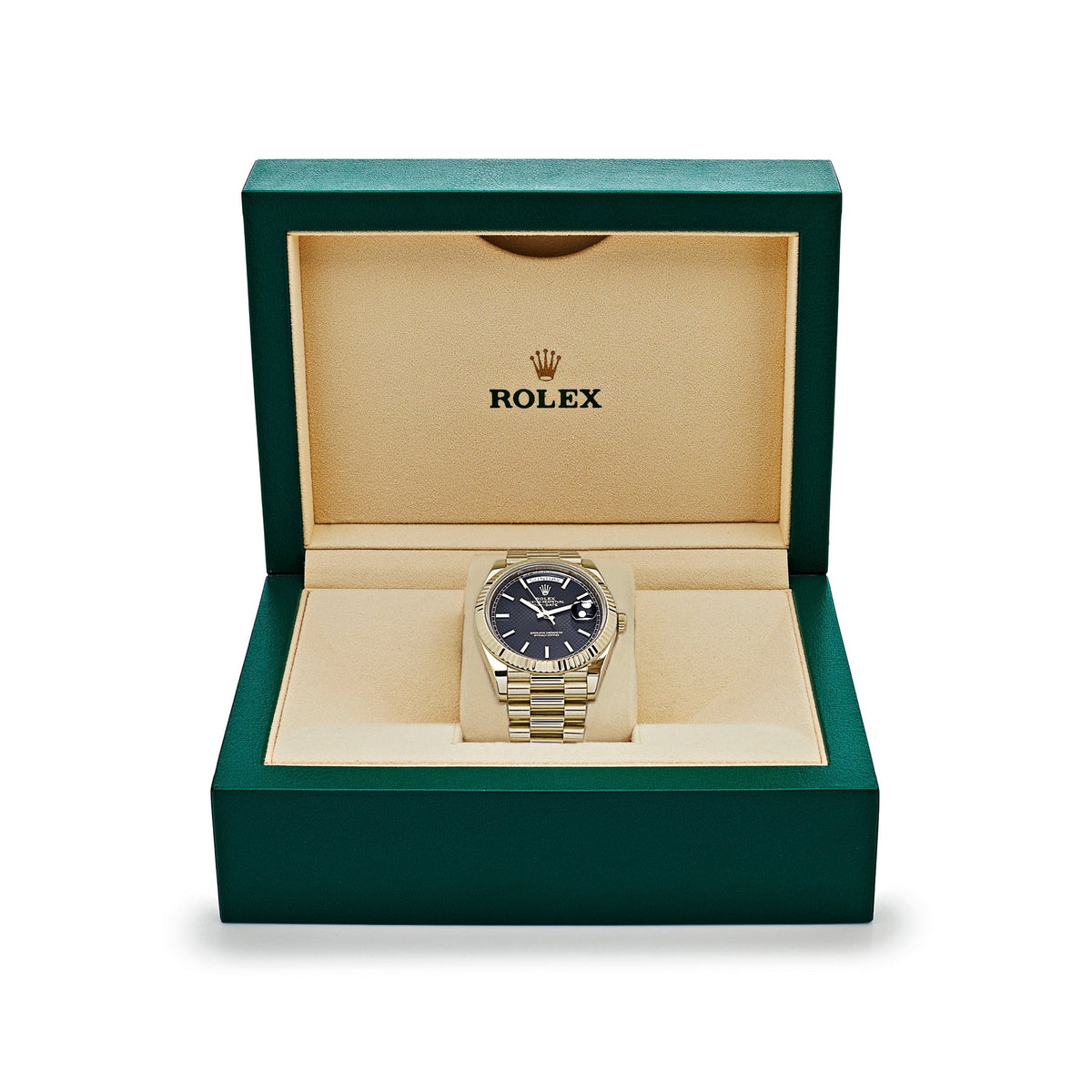 Rolex Day-Date 40 228238 Yellow Gold Black Diagonal Motif Dial
