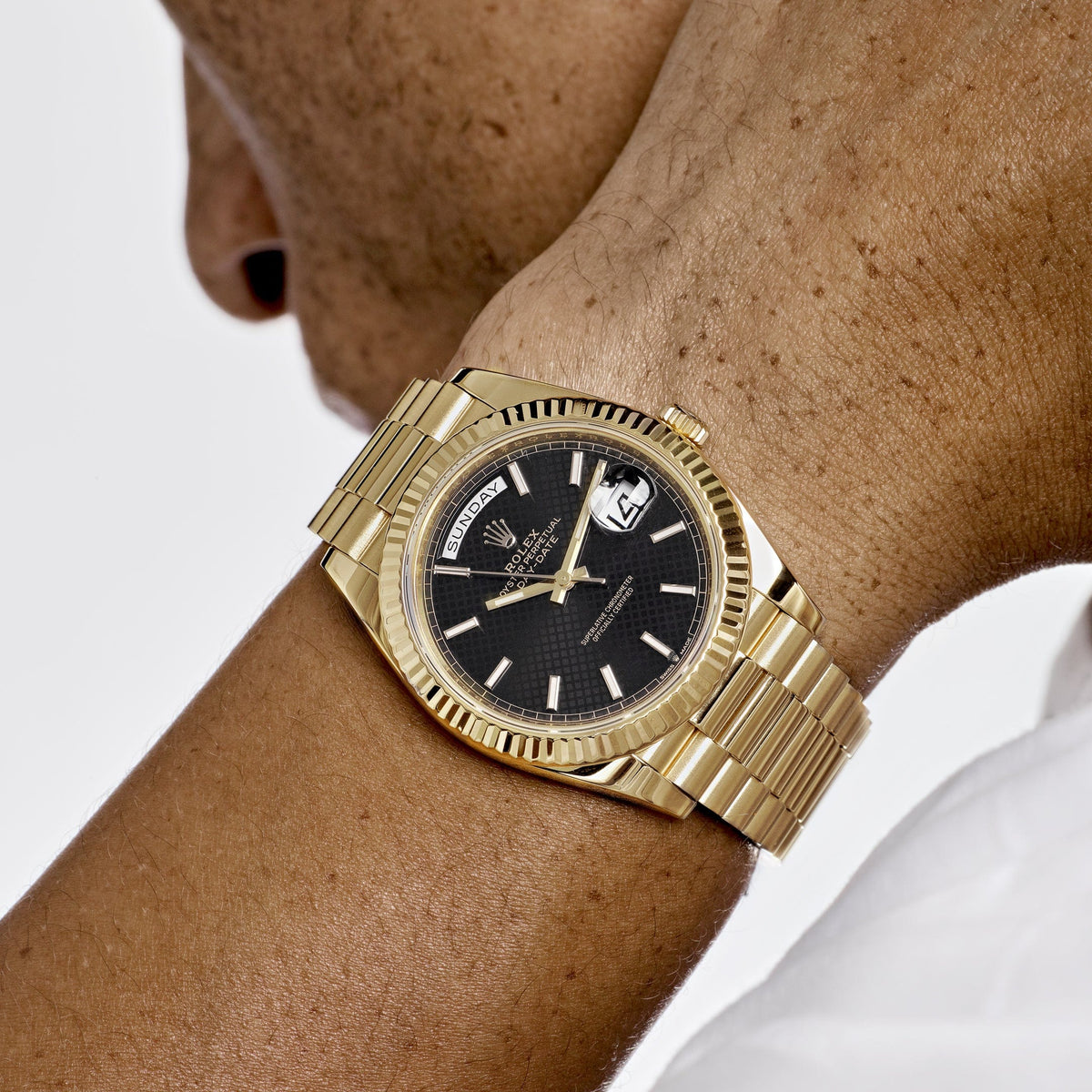 Rolex Day-Date 40 228238 Yellow Gold Black Diagonal Motif Dial