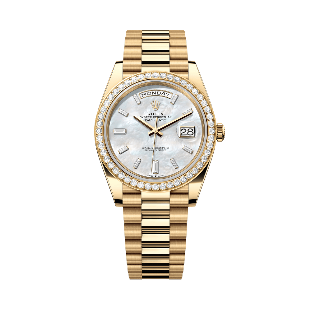 Rolex Day-Date 40 228348RBR Yellow Gold Diamond Bezel Baguette Mother of Pearl Dial