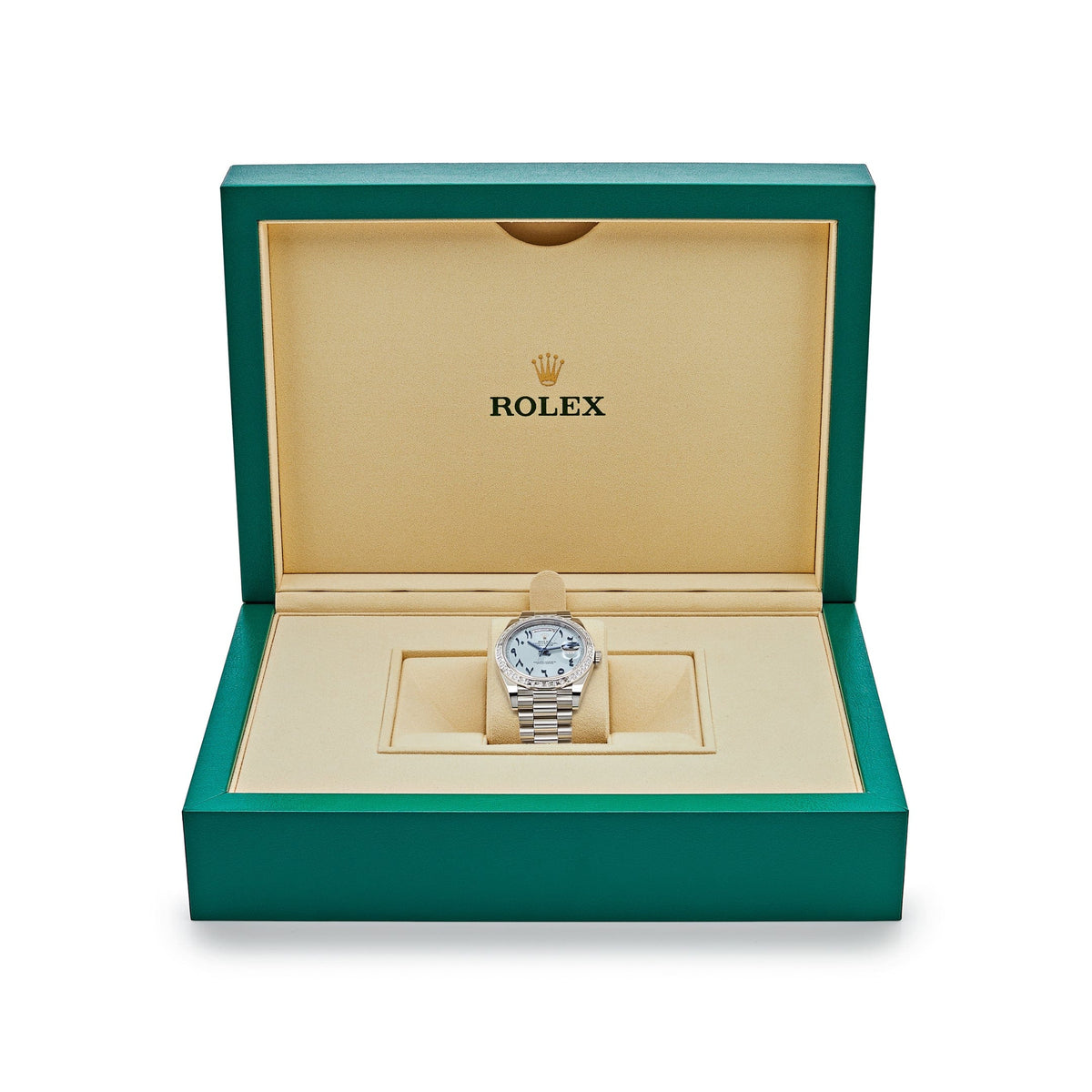 Rolex Day-Date 40 228396TBR Platinum Ice Blue Arabic Dial Diamond Bezel