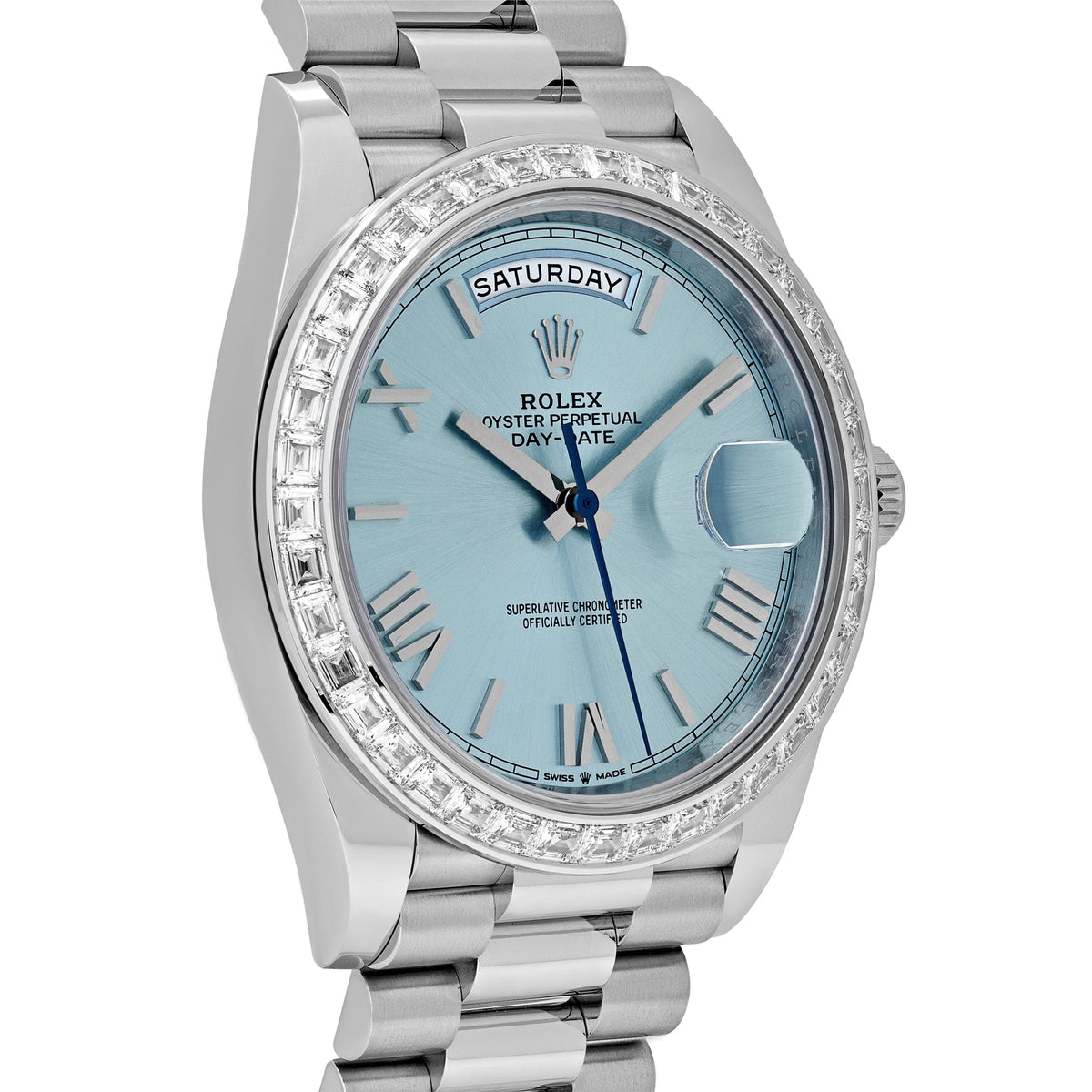 Rolex Day-Date 40 228396TBR Platinum Ice Blue Roman Dial Diamond Bezel