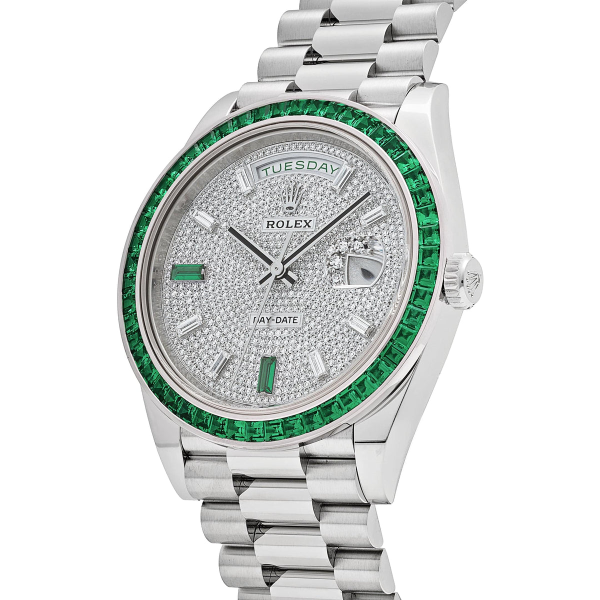 Rolex Day-Date 40 228396TEM Platinum Diamond Dial Emerald Bezel