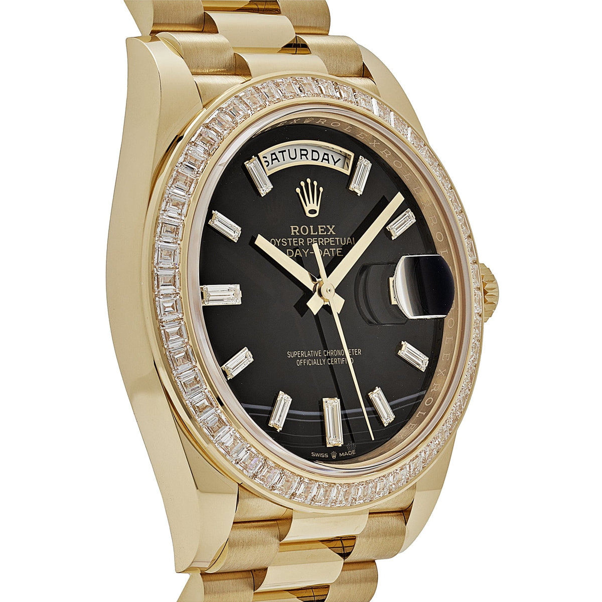 Rolex Day-Date 40 228398TBR Yellow Gold Onyx Baguette Diamond Dial Baguette Bezel
