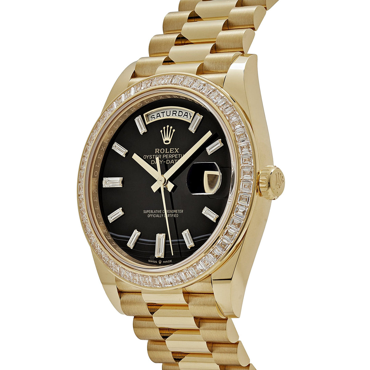 Rolex Day-Date 40 228398TBR Yellow Gold Onyx Baguette Diamond Dial Baguette Bezel