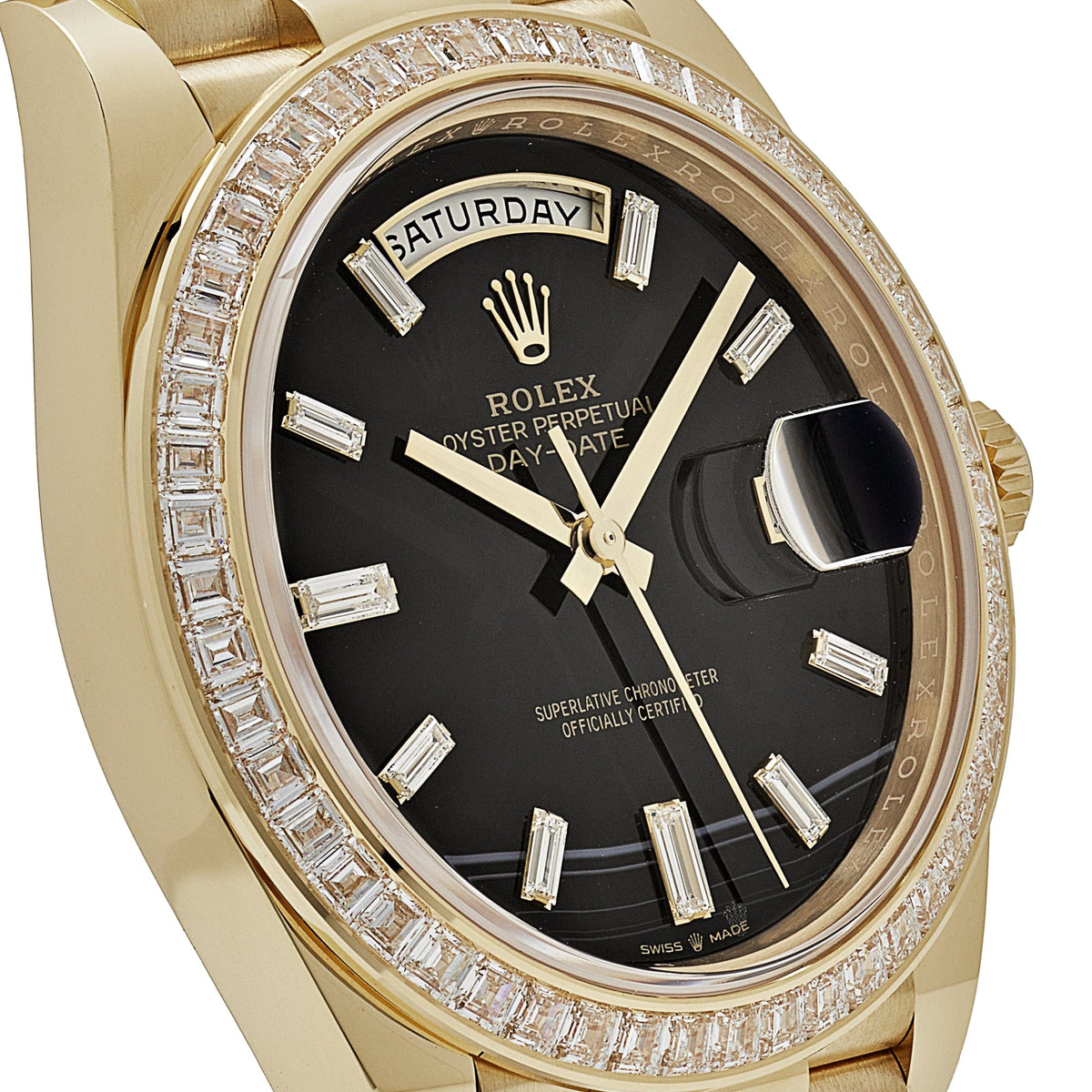 Rolex Day-Date 40 228398TBR Yellow Gold Onyx Baguette Diamond Dial Baguette Bezel