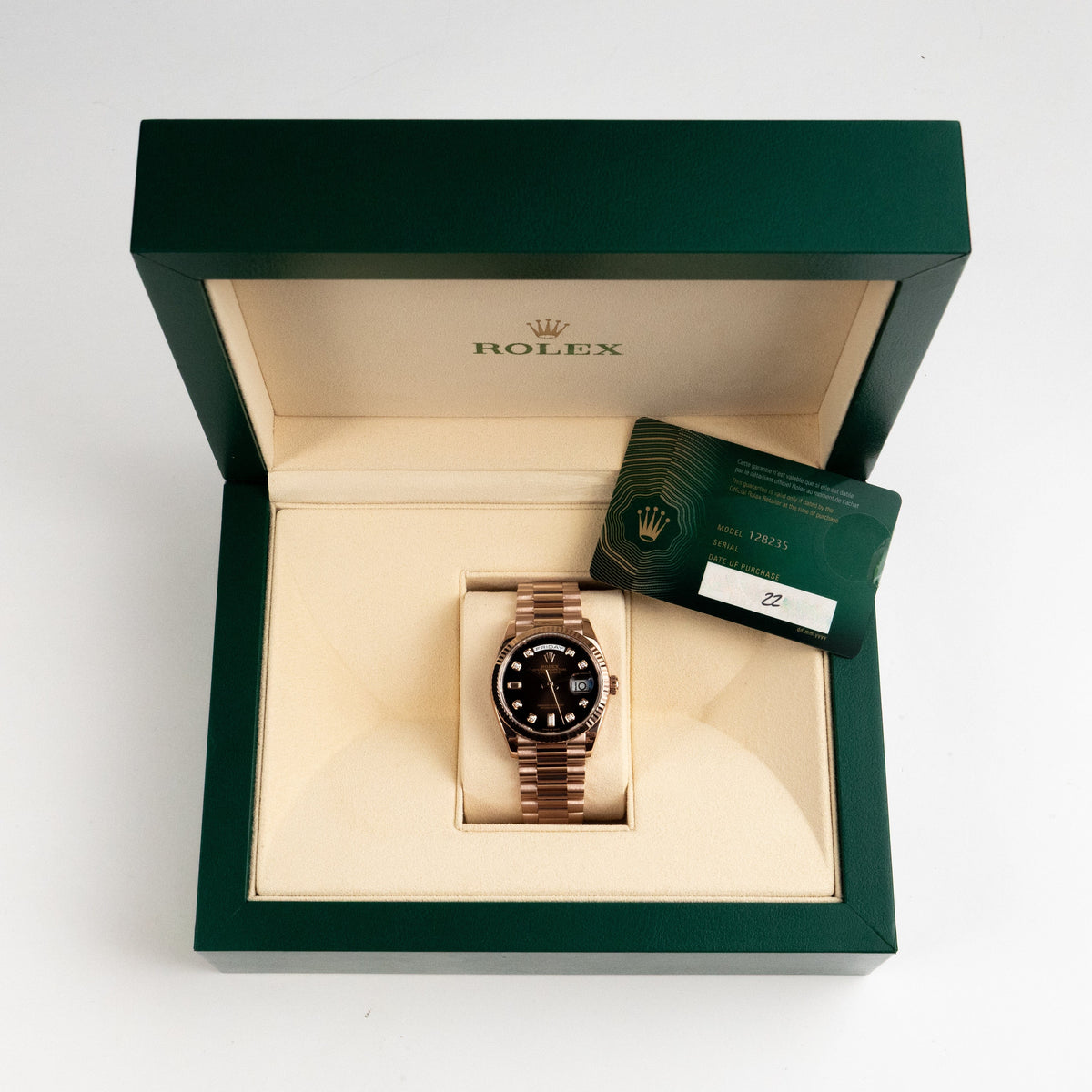 Rolex Day-Date 36 128235 Rose Gold Brown Ombre Diamond Dial (2022)